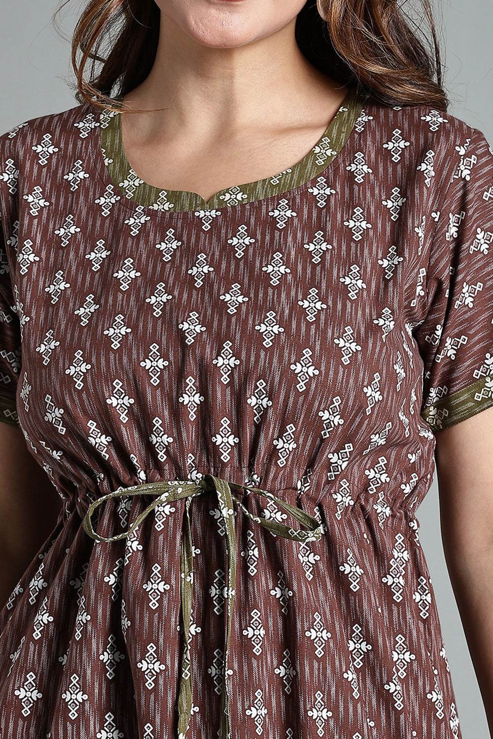 Naidu Hall Women’s Printed Cotton Nighty – Waist Tunnel Tie-Up, Contrast Detailing & Short Sleeves – Brown - NA33 - Naidu Hall Family Store