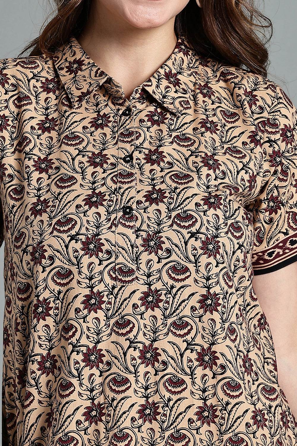 Naidu Hall Women’s Printed Cotton Nighty – Shirt Collar, Front Button Placket & Contrast Hem Detailing – Maroon - NA35 - Naidu Hall Family Store