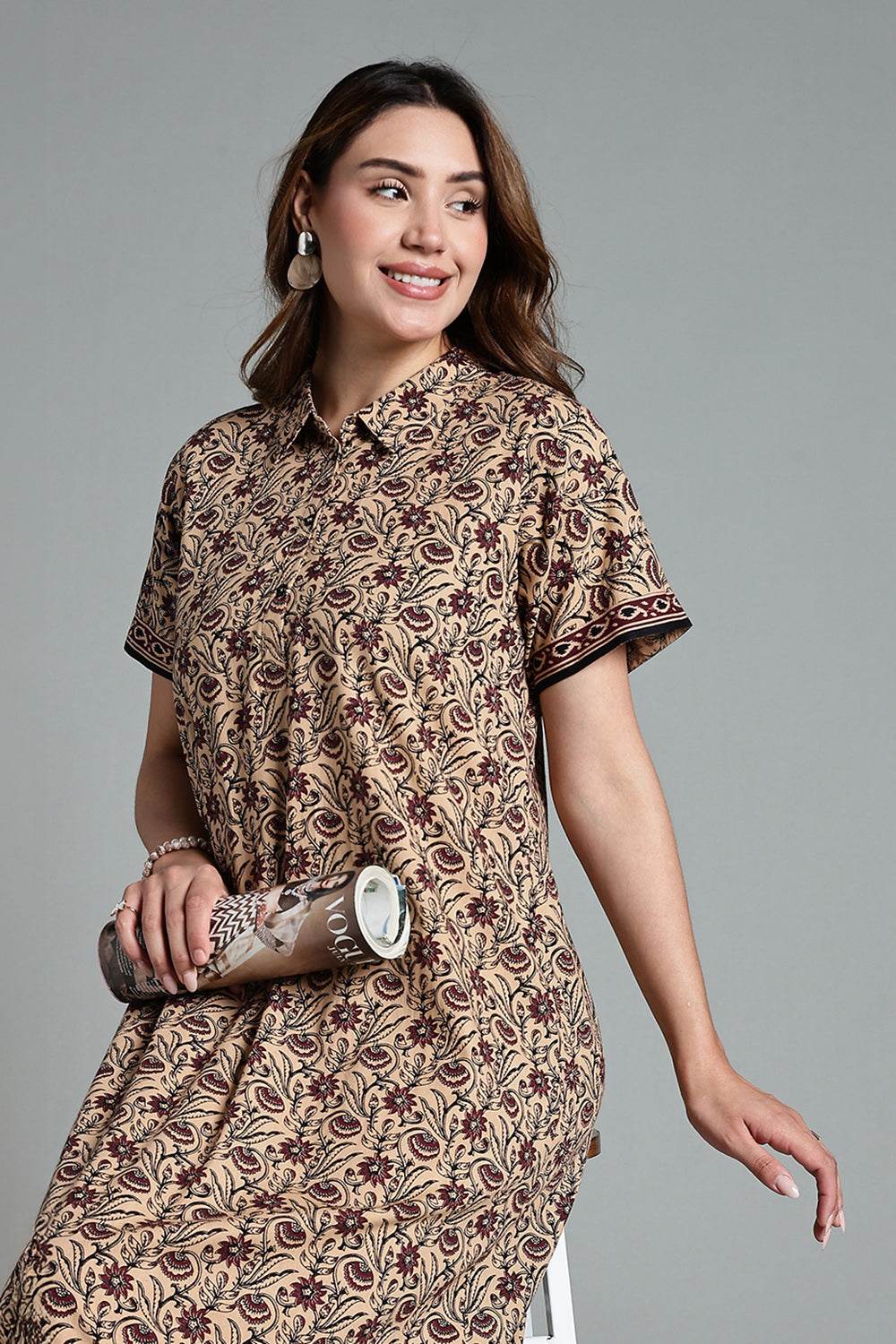 Naidu Hall Women’s Printed Cotton Nighty – Shirt Collar, Front Button Placket & Contrast Hem Detailing – Maroon - NA35 - Naidu Hall Family Store