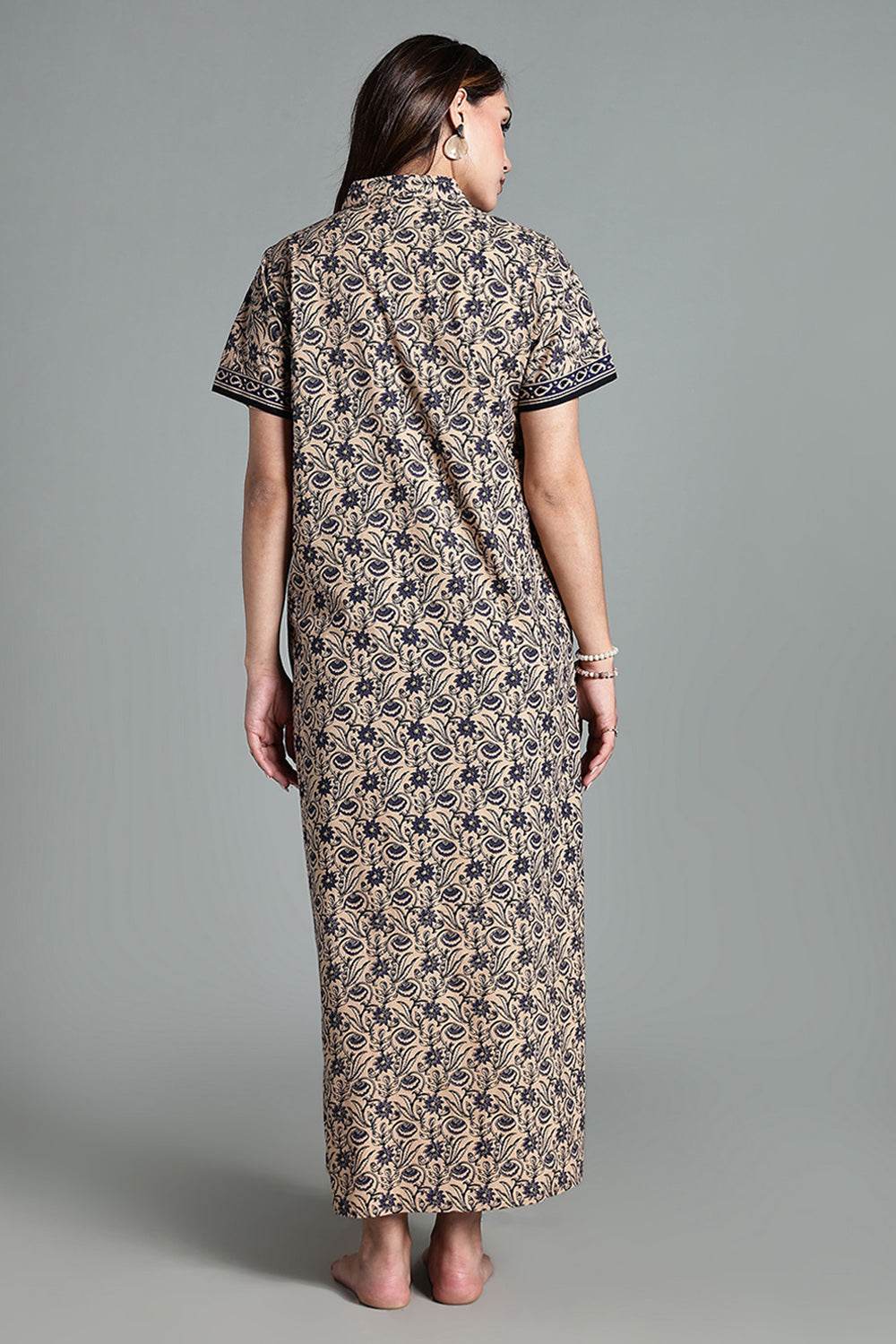Naidu Hall Women’s Printed Cotton Nighty – Shirt Collar, Front Button Placket & Contrast Hem Detailing – Blue - NA35 - Naidu Hall Family Store