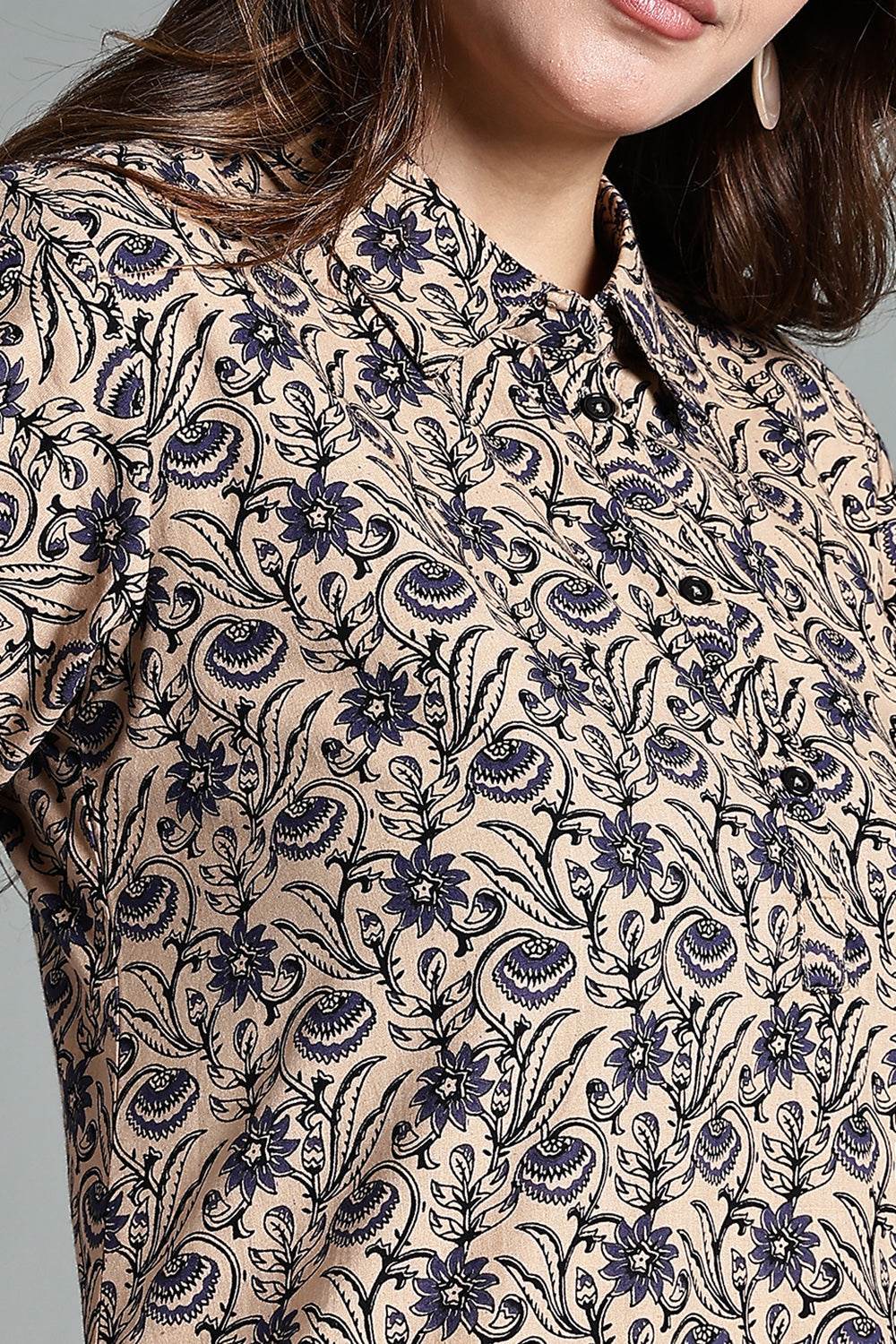 Naidu Hall Women’s Printed Cotton Nighty – Shirt Collar, Front Button Placket & Contrast Hem Detailing – Blue - NA35 - Naidu Hall Family Store