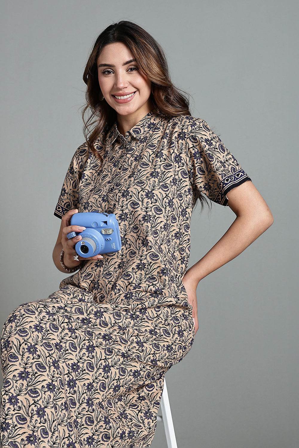Naidu Hall Women’s Printed Cotton Nighty – Shirt Collar, Front Button Placket & Contrast Hem Detailing – Blue - NA35 - Naidu Hall Family Store