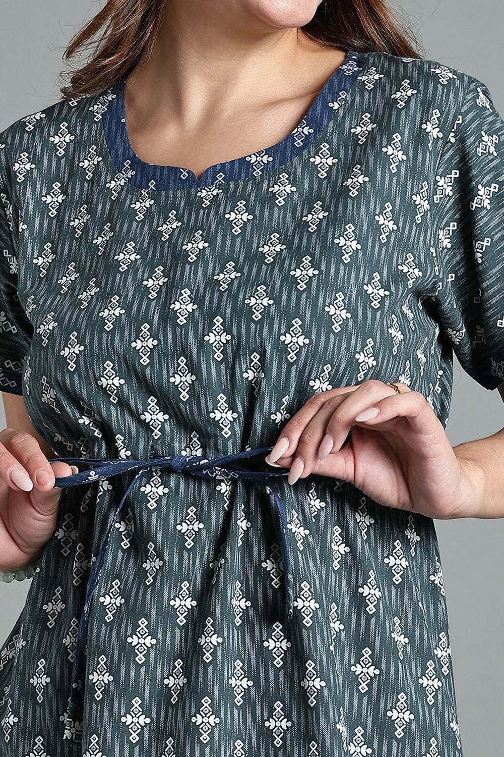 Naidu Hall Women’s Printed Cotton Nighty – Waist Tunnel Tie-Up, Contrast Detailing & Short Sleeves – Teal - NA33 - Naidu Hall Family Store