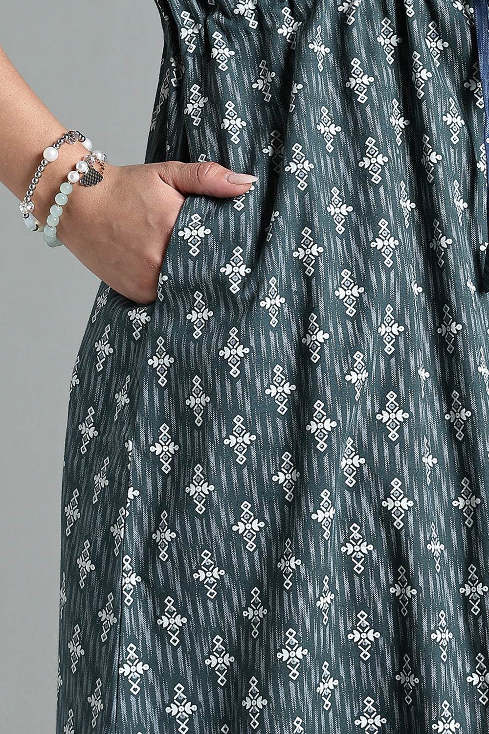Naidu Hall Women’s Printed Cotton Nighty – Waist Tunnel Tie-Up, Contrast Detailing & Short Sleeves – Teal - NA33 - Naidu Hall Family Store