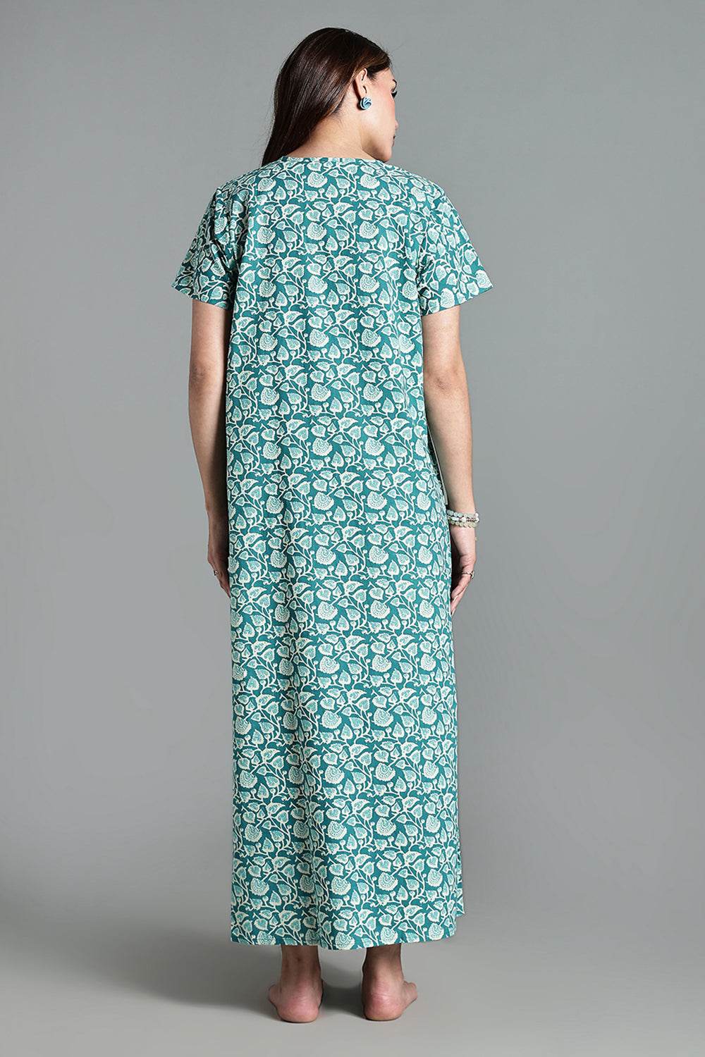 Naidu Hall Naidu Hall Women’s Printed Cotton Nighty – A-Line Fit with Front Yoke, Slant Pocket & Half Sleeves - Teal- NA26 - Naidu Hall Family Store