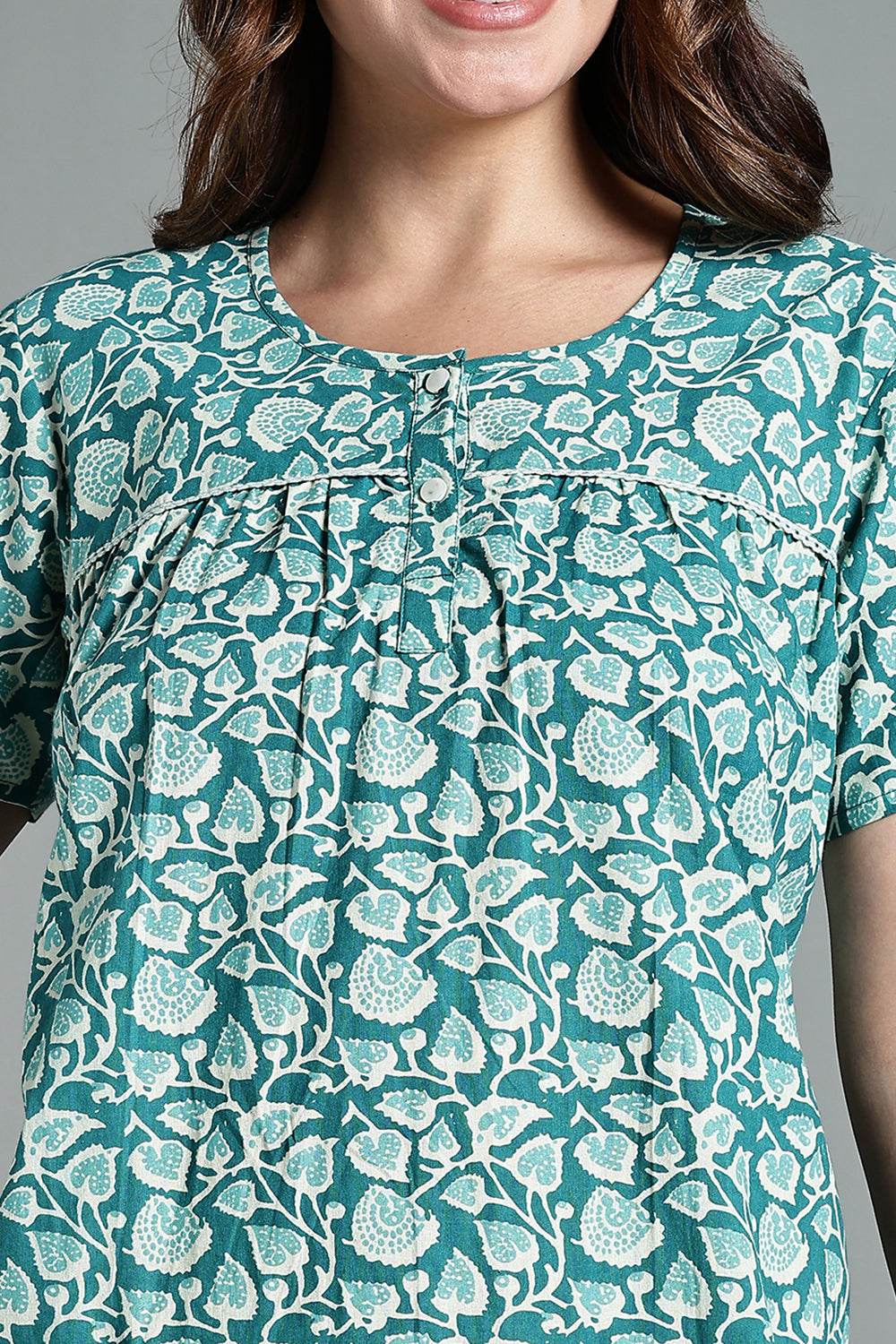 Naidu Hall Naidu Hall Women’s Printed Cotton Nighty – A-Line Fit with Front Yoke, Slant Pocket & Half Sleeves - Teal- NA26 - Naidu Hall Family Store