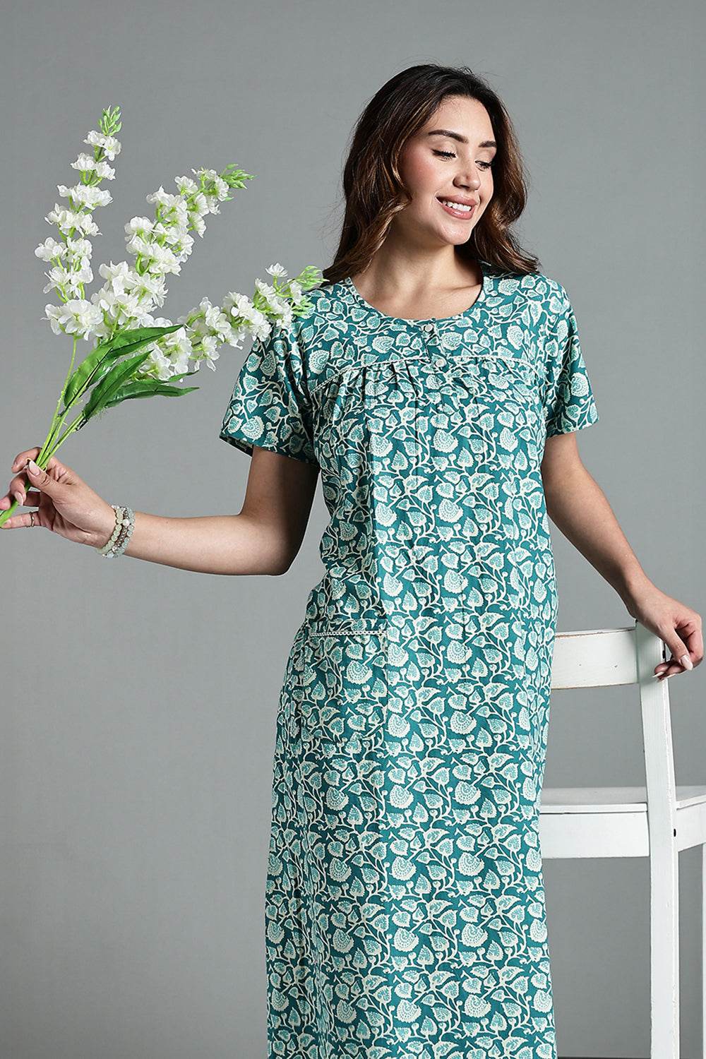 Naidu Hall Naidu Hall Women’s Printed Cotton Nighty – A-Line Fit with Front Yoke, Slant Pocket & Half Sleeves - Teal- NA26 - Naidu Hall Family Store