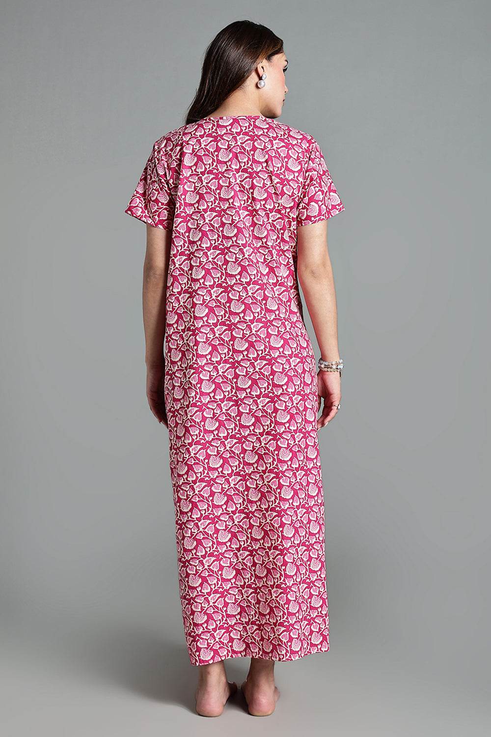 Naidu Hall Naidu Hall Women’s Printed Cotton Nighty – A-Line Fit with Front Yoke, Slant Pocket & Half Sleeves - Pink- NA26 - Naidu Hall Family Store