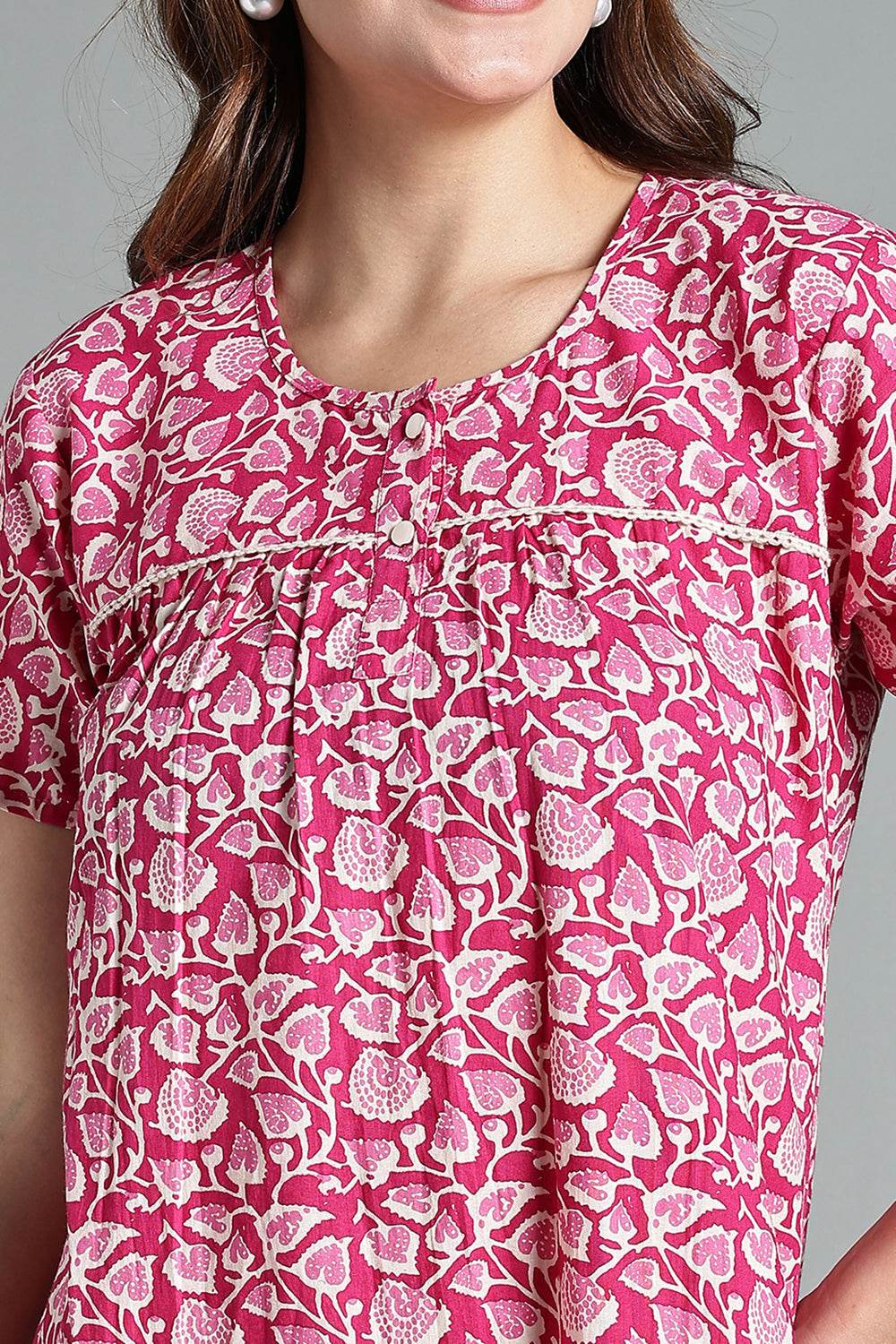 Naidu Hall Naidu Hall Women’s Printed Cotton Nighty – A-Line Fit with Front Yoke, Slant Pocket & Half Sleeves - Pink- NA26 - Naidu Hall Family Store