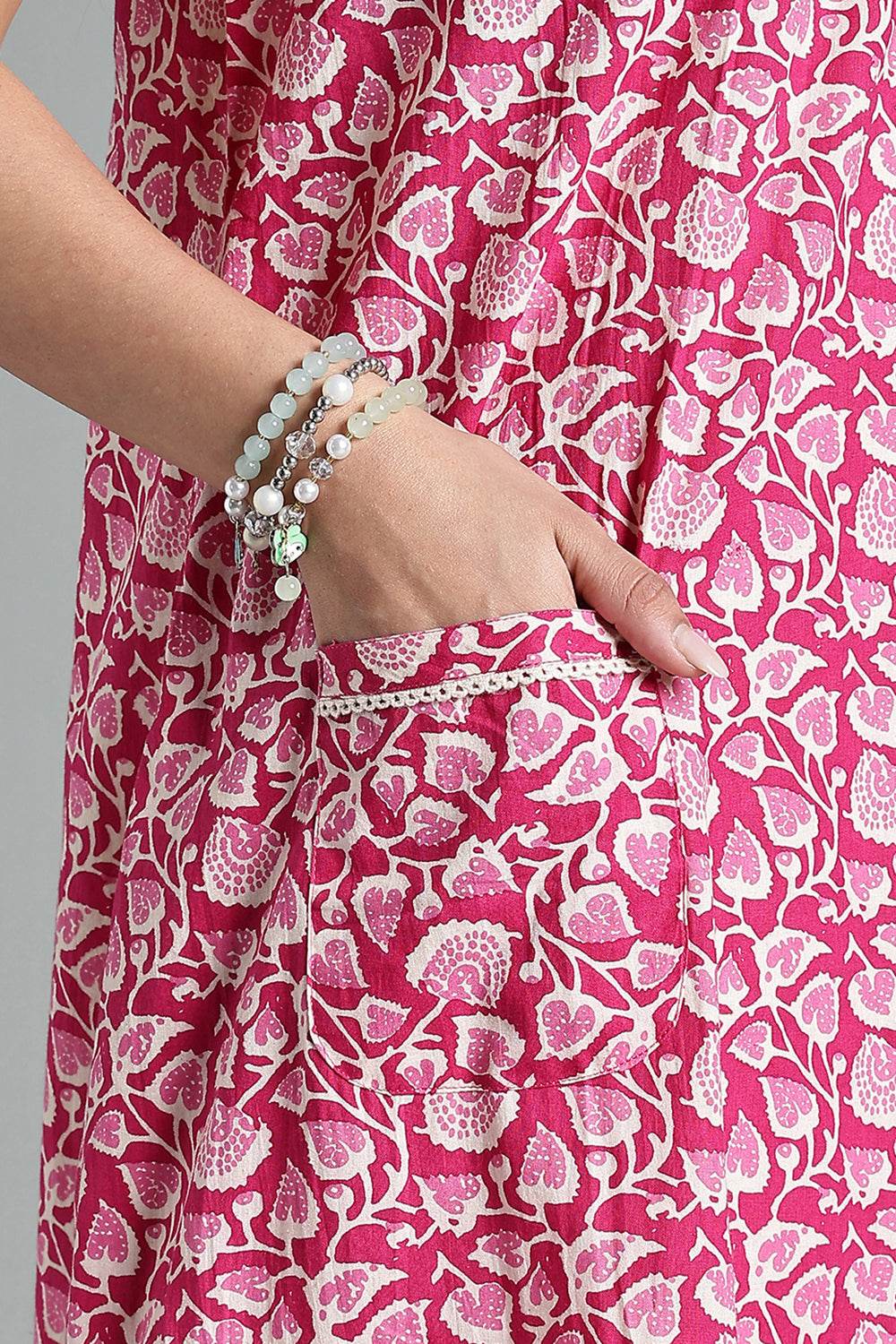 Naidu Hall Naidu Hall Women’s Printed Cotton Nighty – A-Line Fit with Front Yoke, Slant Pocket & Half Sleeves - Pink- NA26 - Naidu Hall Family Store