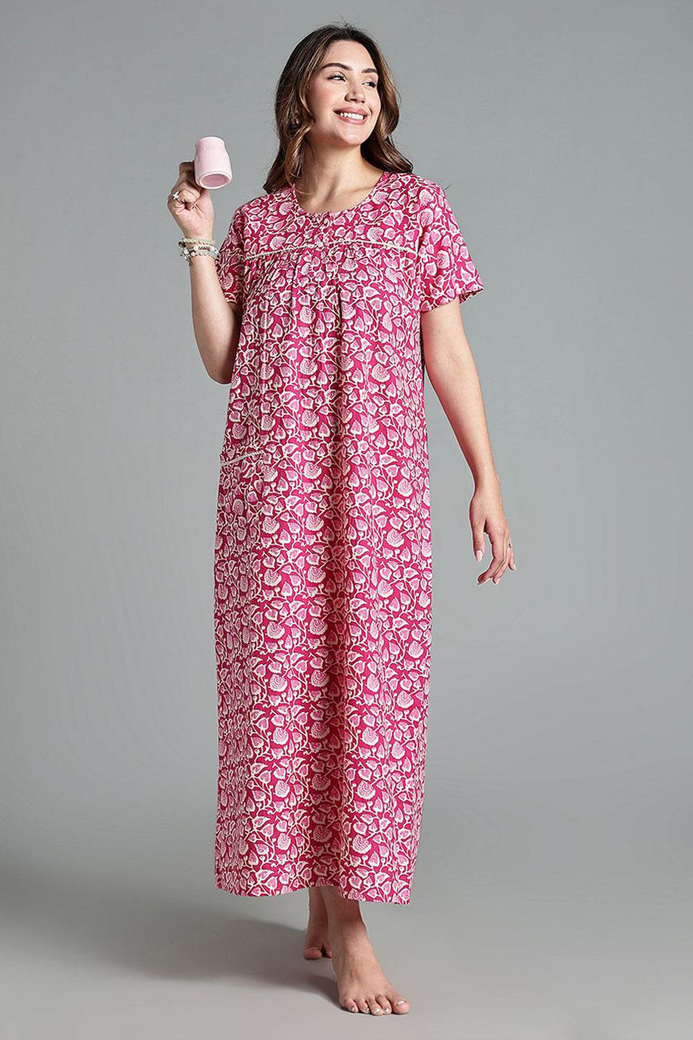 Naidu Hall Naidu Hall Women’s Printed Cotton Nighty – A-Line Fit with Front Yoke, Slant Pocket & Half Sleeves - Pink- NA26 - Naidu Hall Family Store