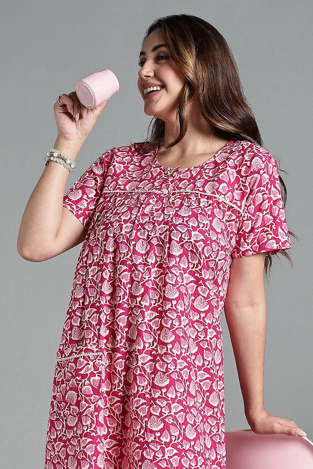 Naidu Hall Naidu Hall Women’s Printed Cotton Nighty – A-Line Fit with Front Yoke, Slant Pocket & Half Sleeves - Pink- NA26 - Naidu Hall Family Store