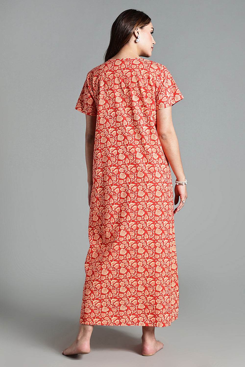 Naidu Hall Naidu Hall Women’s Printed Cotton Nighty – A-Line Fit with Front Yoke, Slant Pocket & Half Sleeves - orange- NA26 - Naidu Hall Family Store
