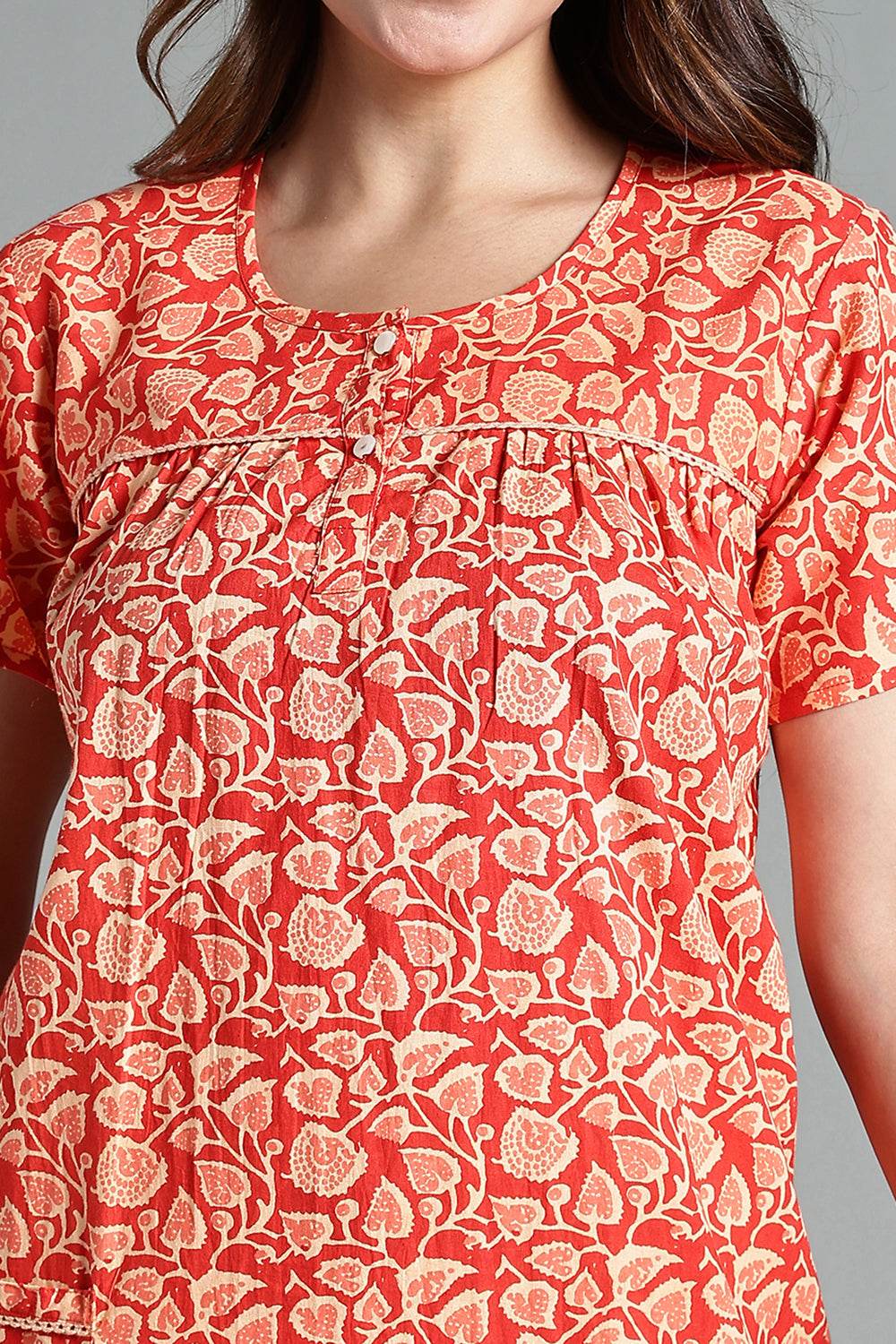 Naidu Hall Naidu Hall Women’s Printed Cotton Nighty – A-Line Fit with Front Yoke, Slant Pocket & Half Sleeves - orange- NA26 - Naidu Hall Family Store