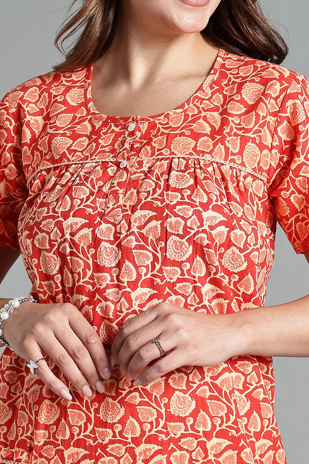 Naidu Hall Naidu Hall Women’s Printed Cotton Nighty – A-Line Fit with Front Yoke, Slant Pocket & Half Sleeves - orange- NA26 - Naidu Hall Family Store