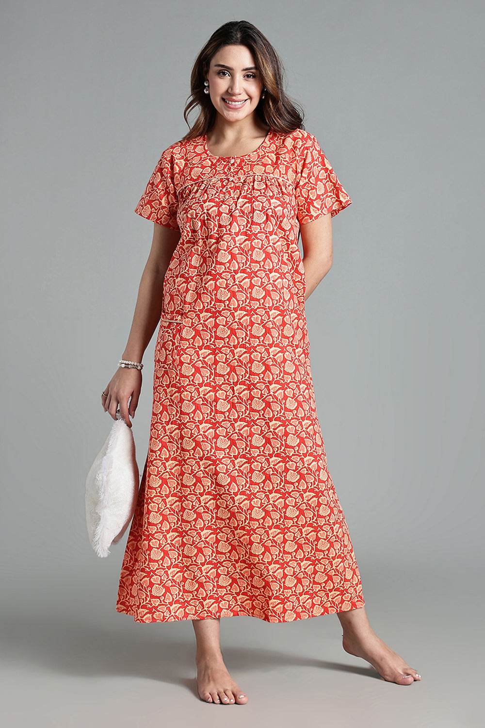 Naidu Hall Naidu Hall Women’s Printed Cotton Nighty – A-Line Fit with Front Yoke, Slant Pocket & Half Sleeves - orange- NA26 - Naidu Hall Family Store