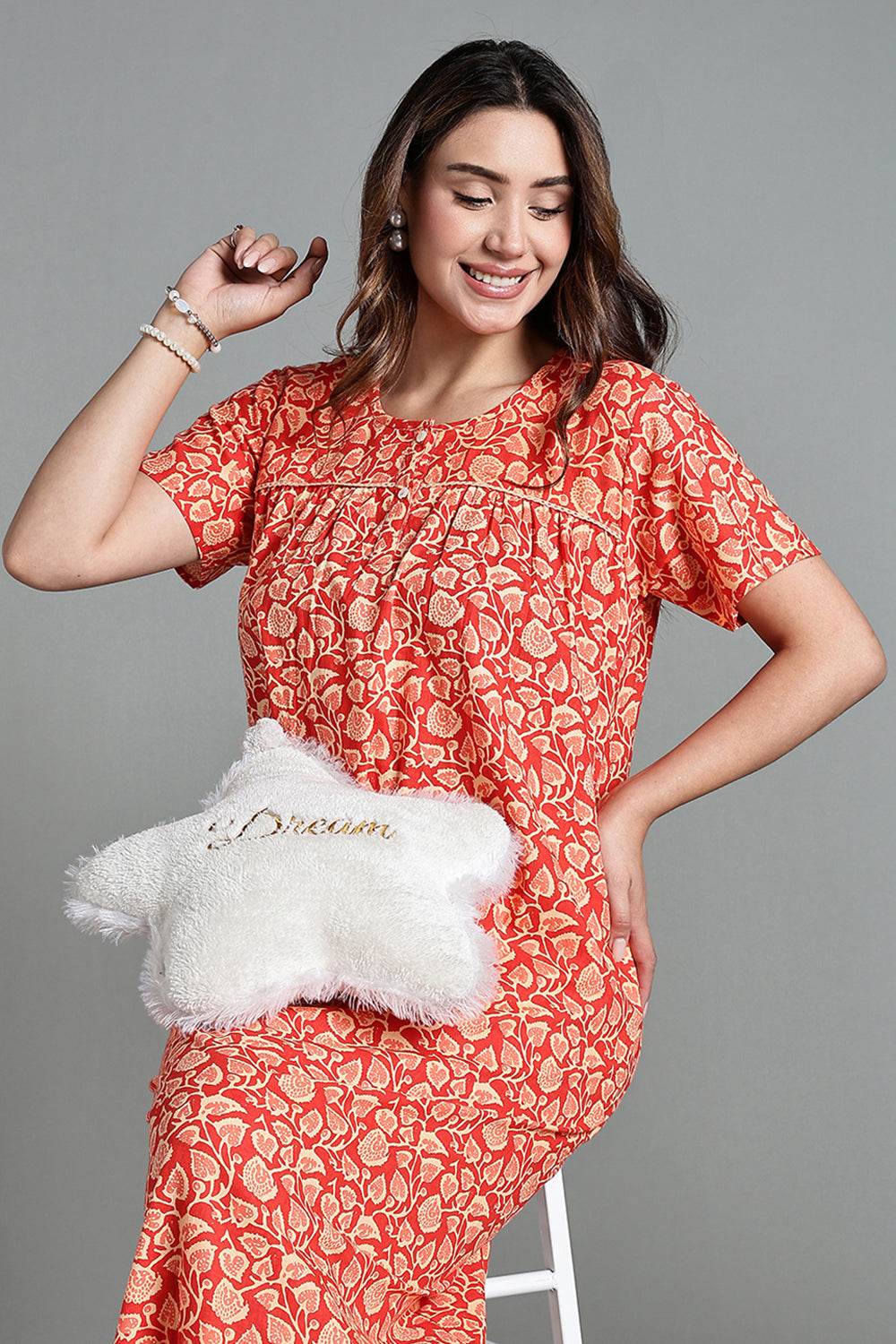Naidu Hall Naidu Hall Women’s Printed Cotton Nighty – A-Line Fit with Front Yoke, Slant Pocket & Half Sleeves - orange- NA26 - Naidu Hall Family Store