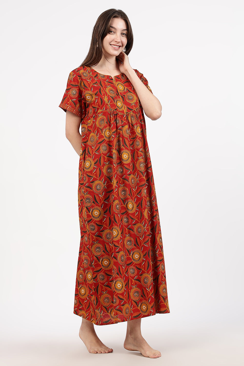 Naidu Hall Women’s Floral Printed Cotton Nighty with Front Yoke & Contrast Piping | Round Neck, Short Sleeves
 - NA94