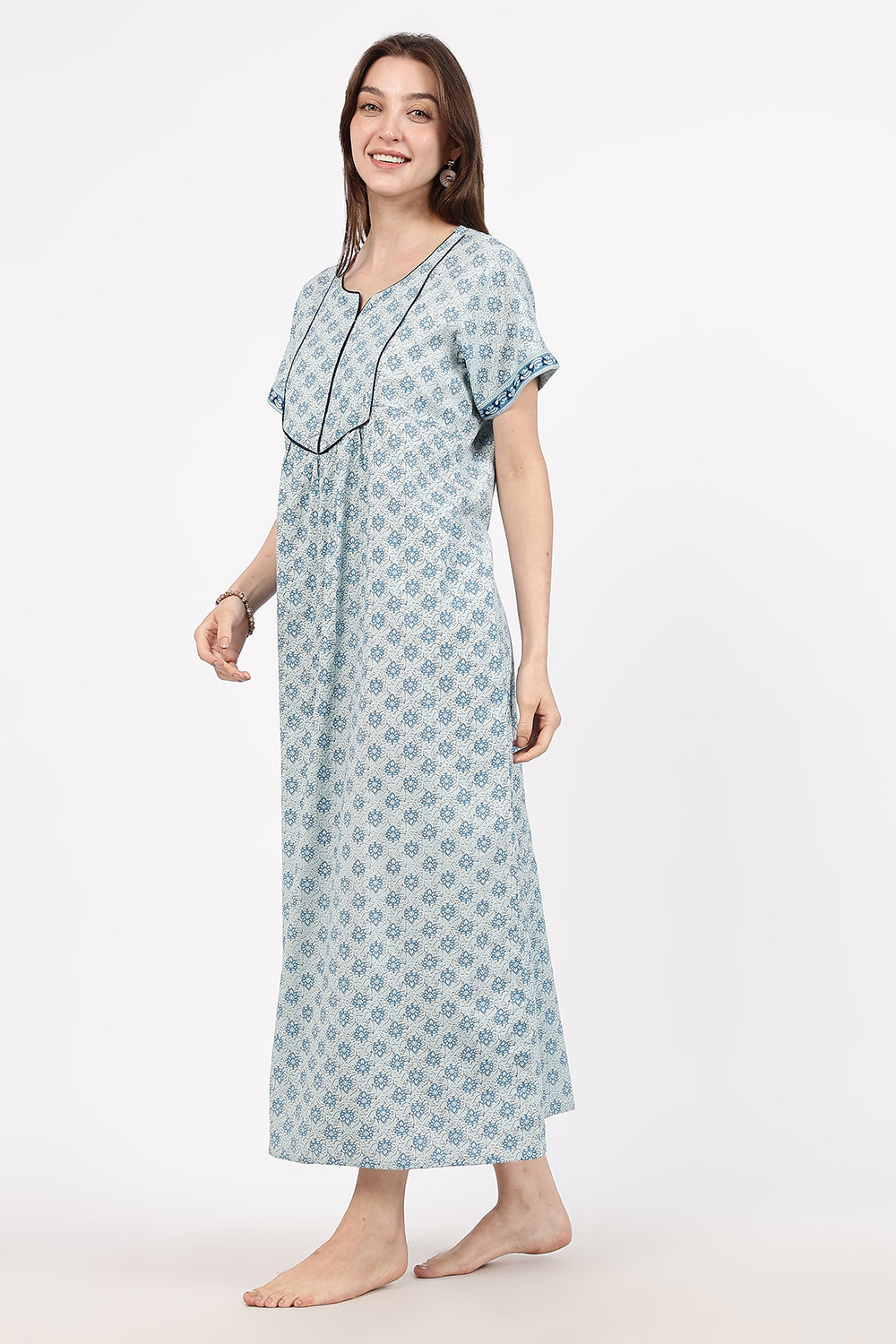 Naidu Hall Women’s Floral Printed Cotton Nighty with Front Yoke & Contrast Piping | Round Neck, Short Sleeves
 - NB06