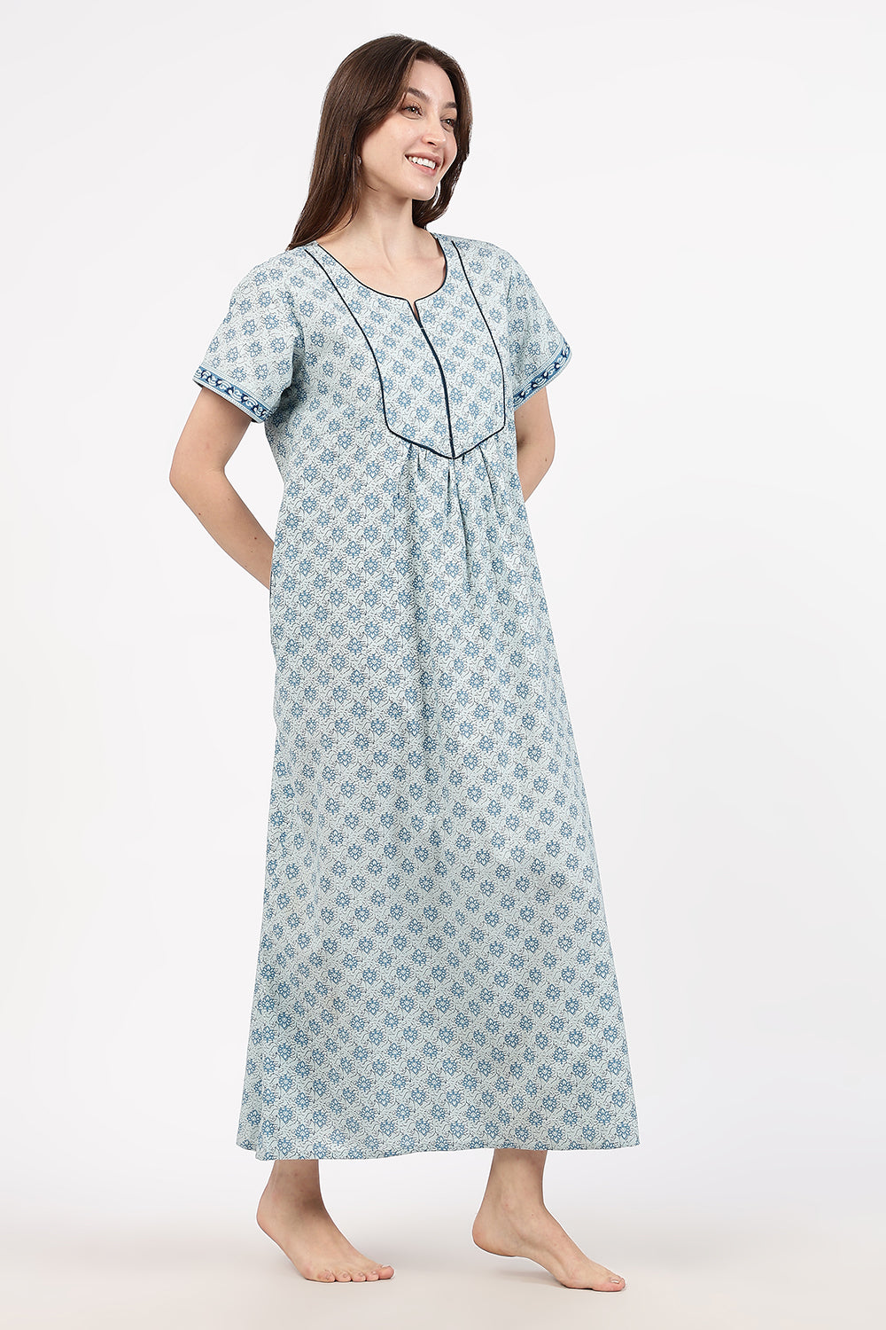 Naidu Hall Women’s Floral Printed Cotton Nighty with Front Yoke & Contrast Piping | Round Neck, Short Sleeves
 - NB06