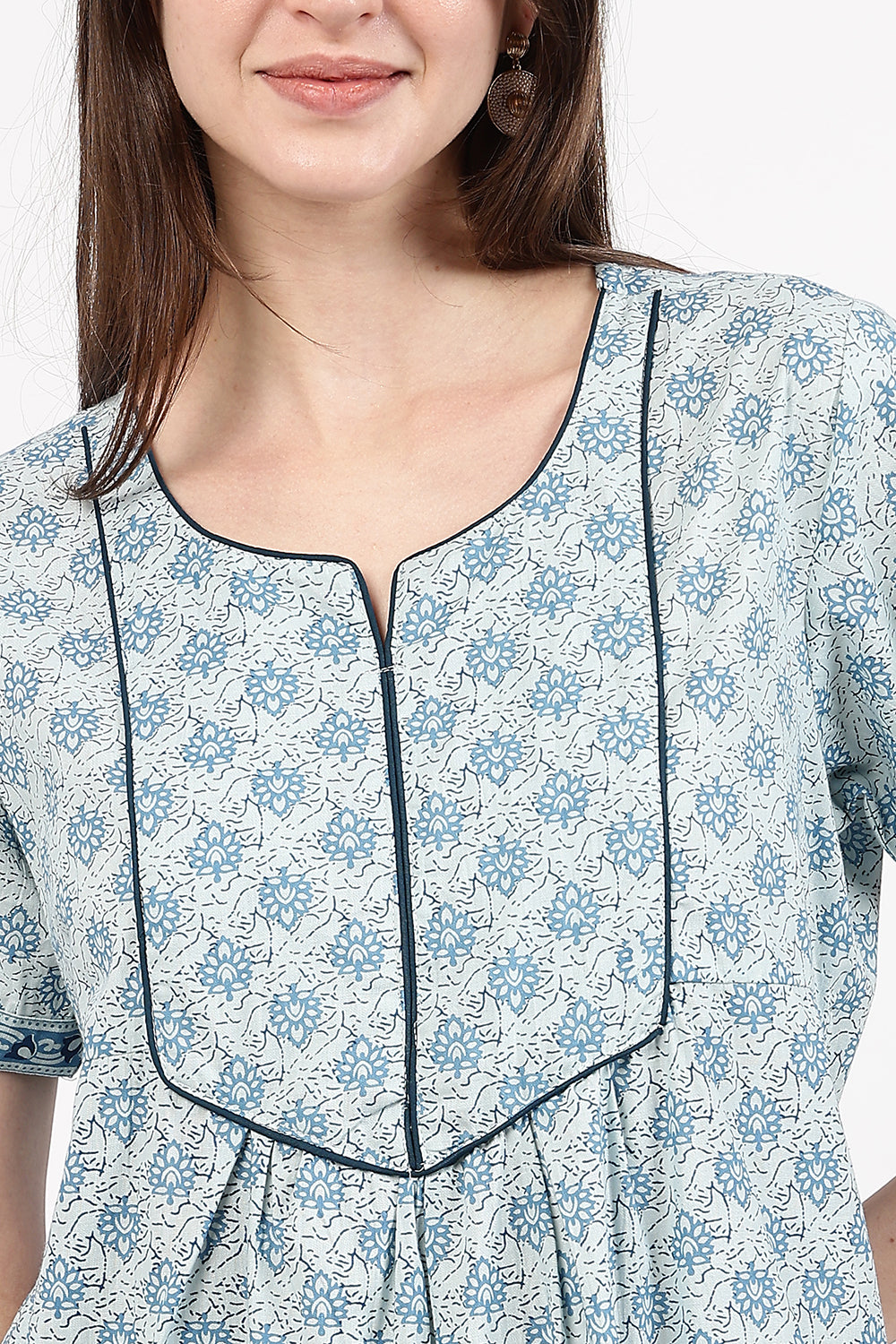 Naidu Hall Women’s Floral Printed Cotton Nighty with Front Yoke & Contrast Piping | Round Neck, Short Sleeves
 - NB06