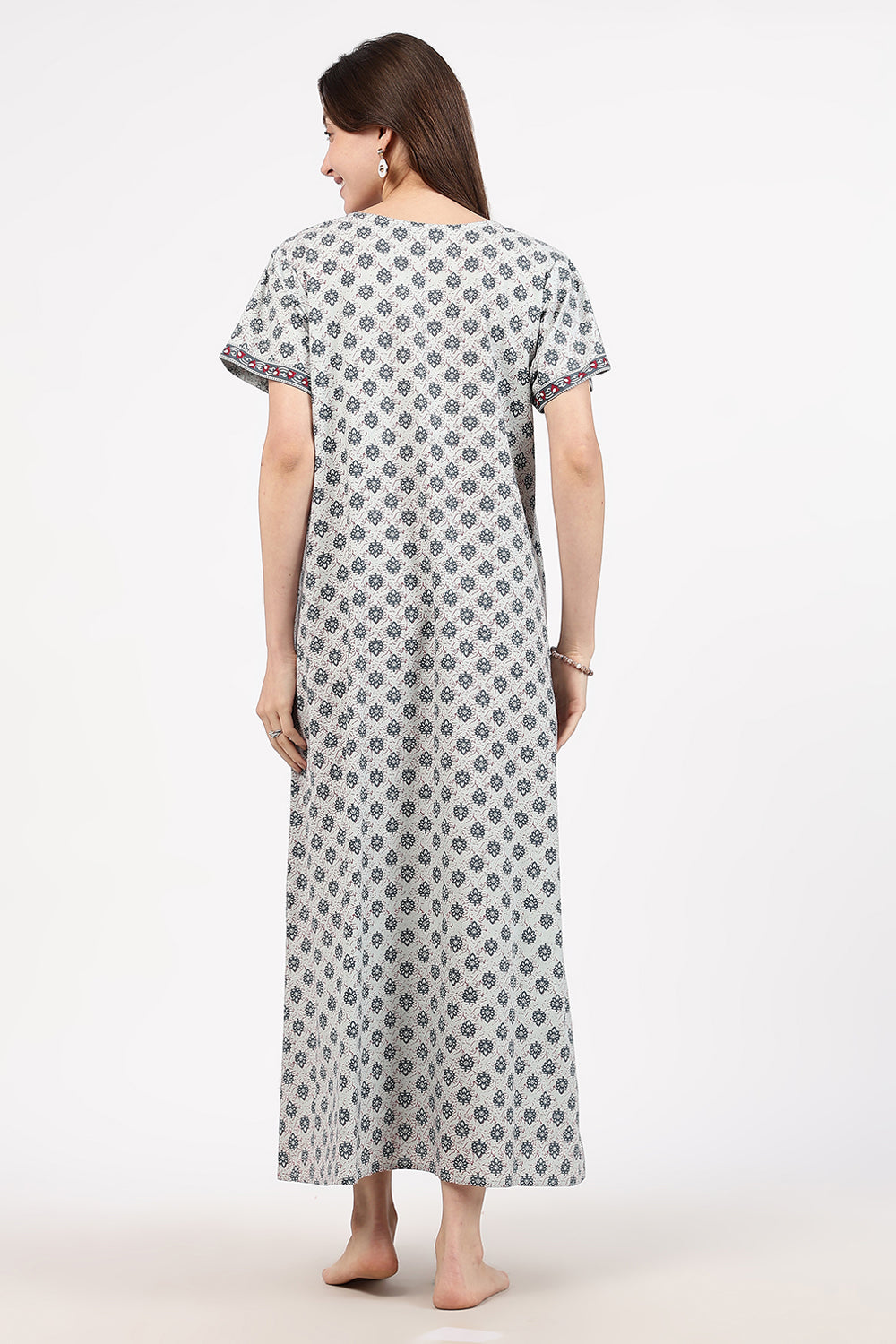 Naidu Hall Women’s A-Line Printed Cotton-Blend Nighty | Stylised V-Neck, Overlapped Panel, Short Sleeves
 - NB04