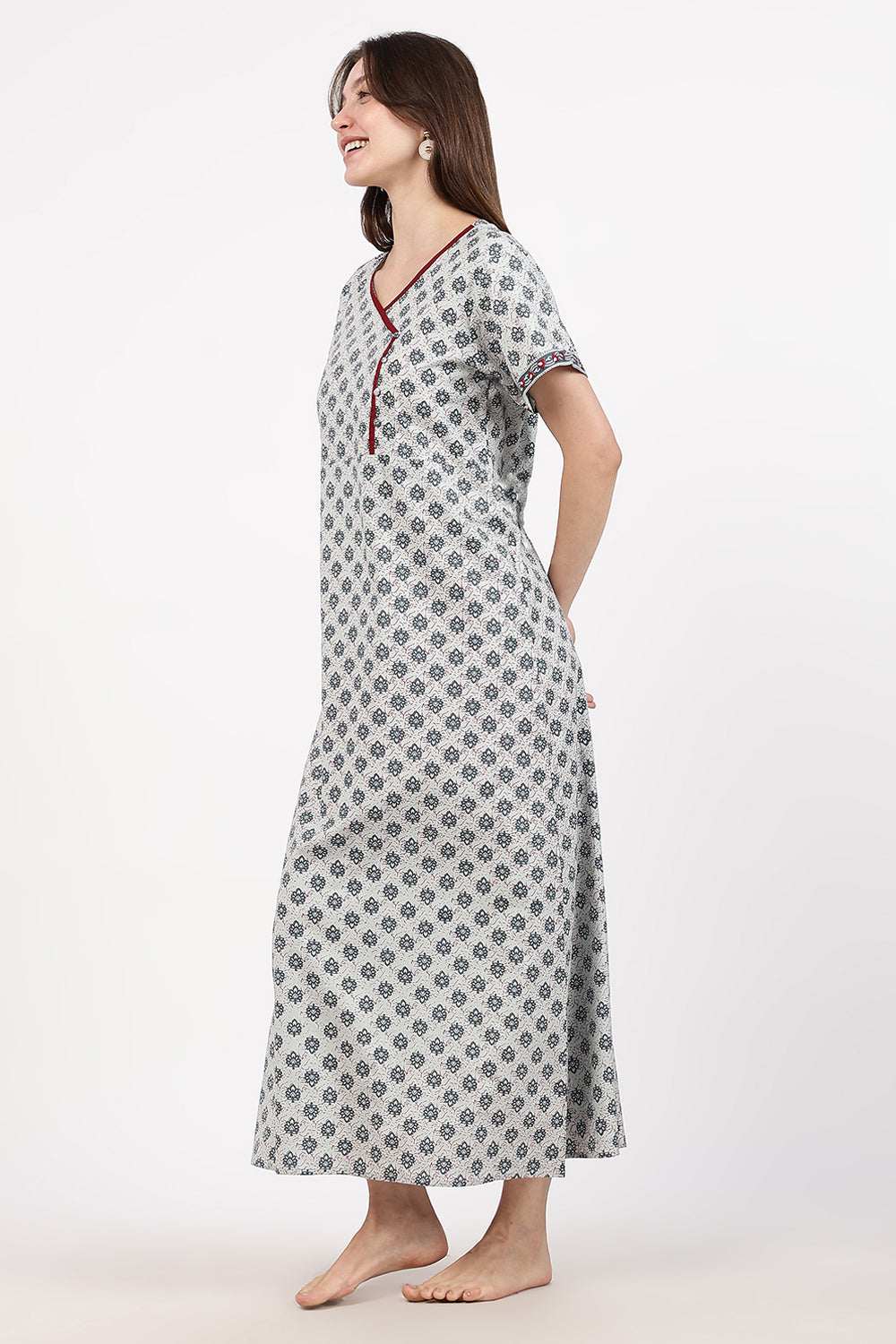 Naidu Hall Women’s A-Line Printed Cotton-Blend Nighty | Stylised V-Neck, Overlapped Panel, Short Sleeves
 - NB04