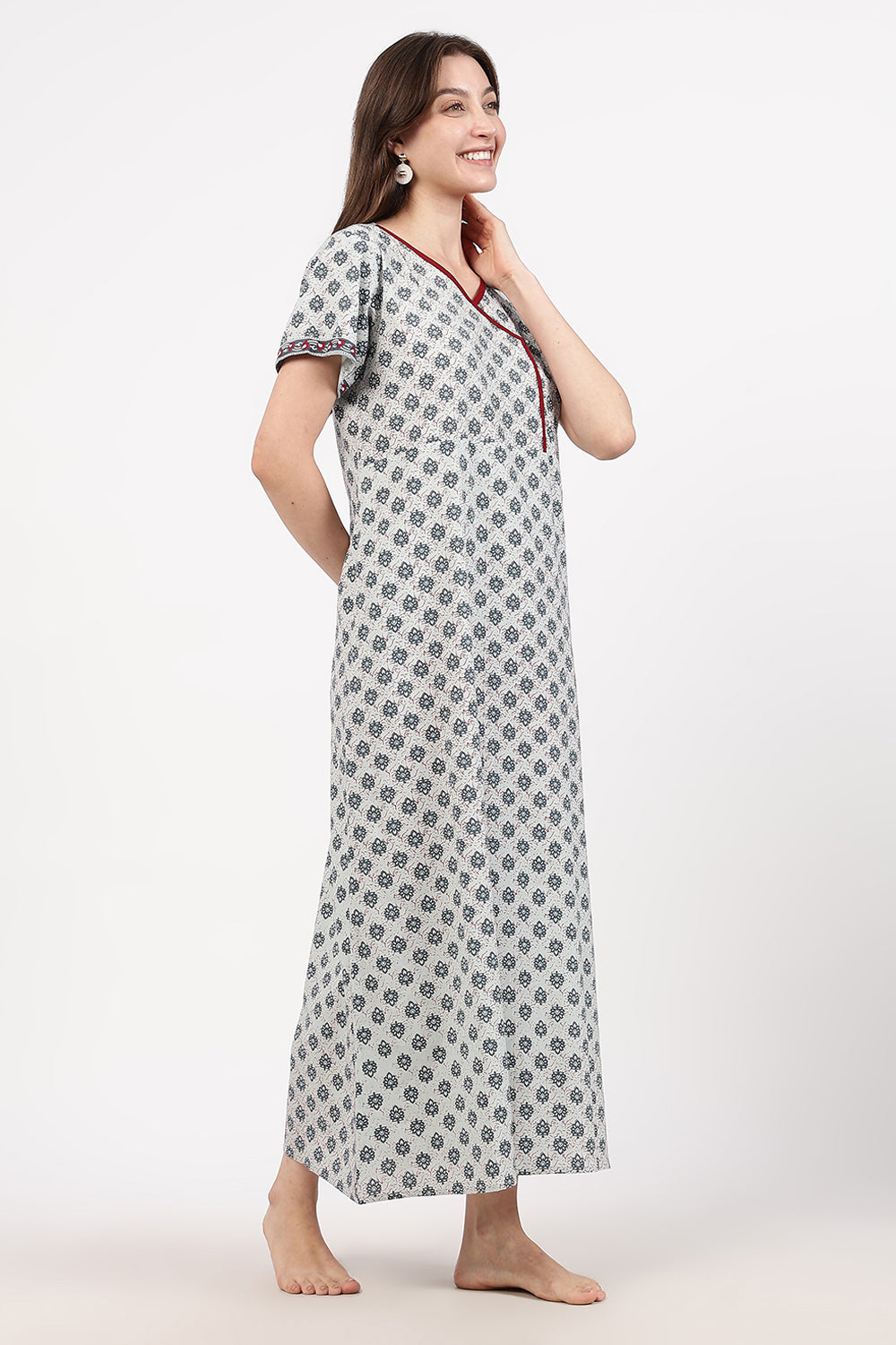 Naidu Hall Women’s A-Line Printed Cotton-Blend Nighty | Stylised V-Neck, Overlapped Panel, Short Sleeves
 - NB04