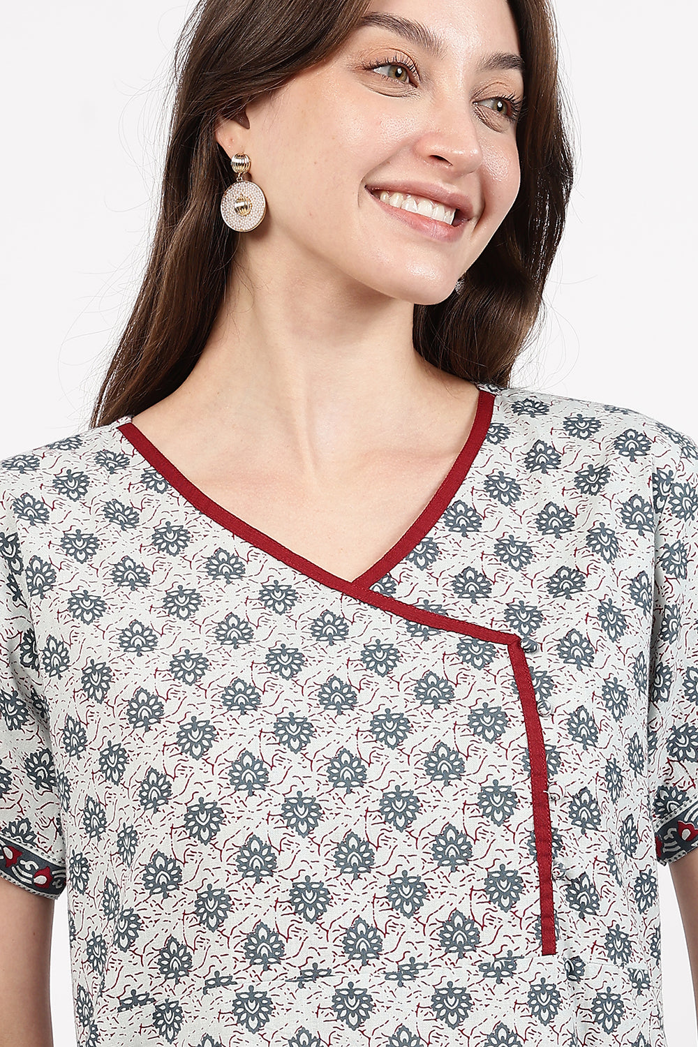 Naidu Hall Women’s A-Line Printed Cotton-Blend Nighty | Stylised V-Neck, Overlapped Panel, Short Sleeves
 - NB04