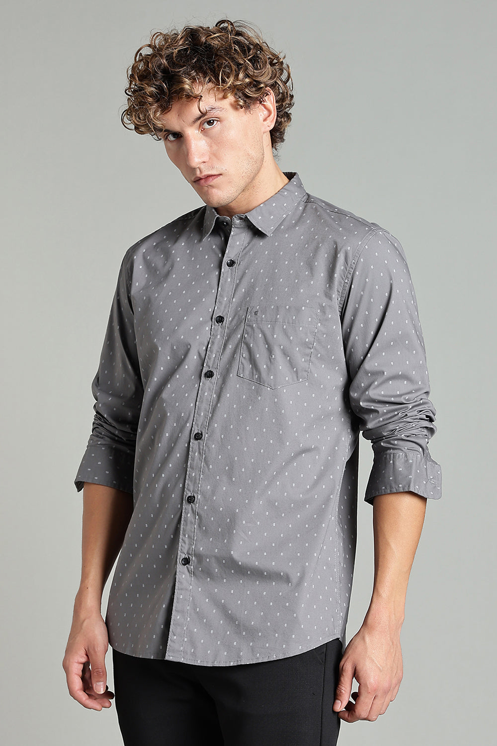 Enhance  Men’s Printed Casual Shirt – Full Sleeves with Patch Pocket and Button Cuffs  - Grey - SA04