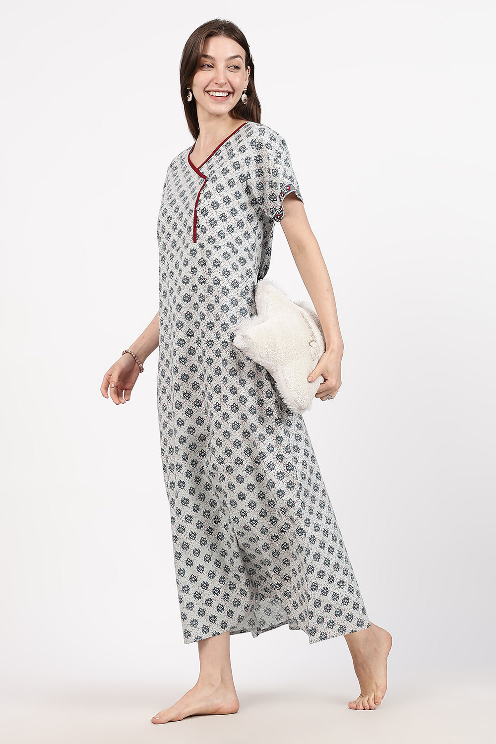 Naidu Hall Women’s A-Line Printed Cotton-Blend Nighty | Stylised V-Neck, Overlapped Panel, Short Sleeves
 - NB04