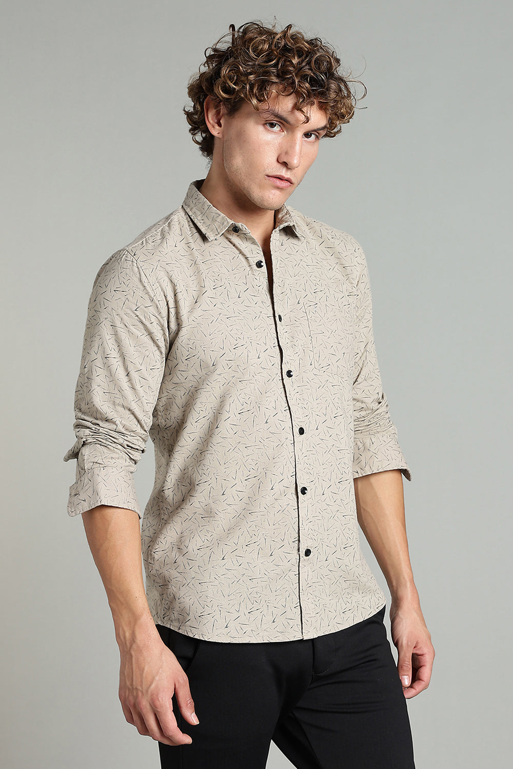 Enhance  Men’s Printed Casual Shirt – Full Sleeves with Patch Pocket and Button Cuffs  - Beige - SA05