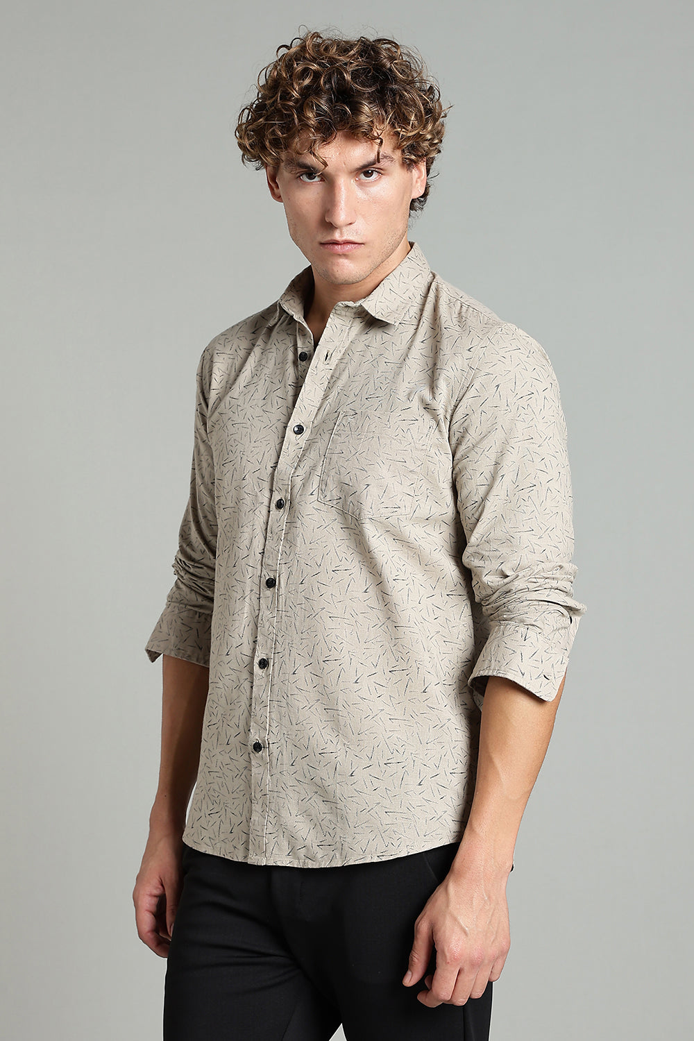 Enhance  Men’s Printed Casual Shirt – Full Sleeves with Patch Pocket and Button Cuffs  - Beige - SA05