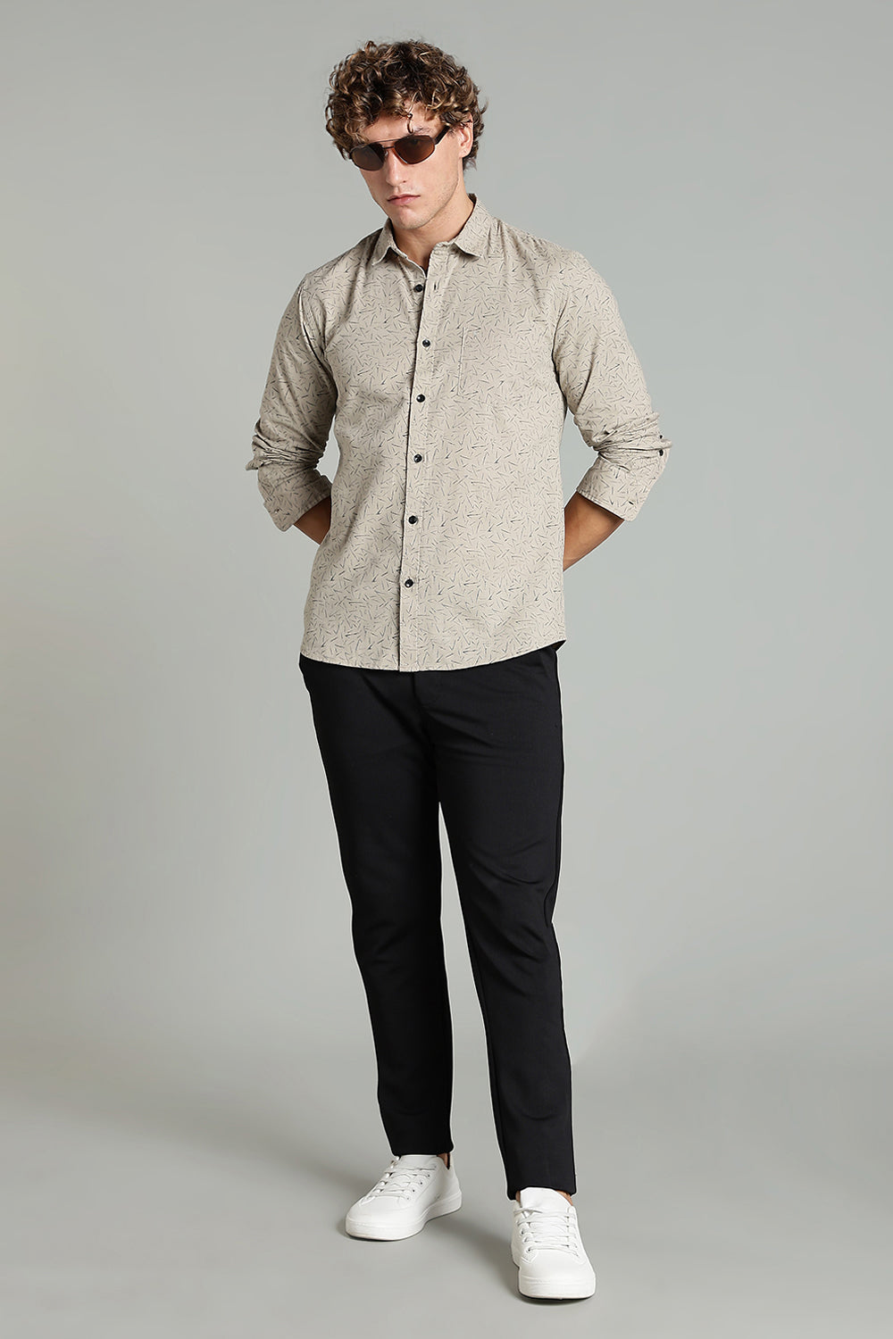 Enhance  Men’s Printed Casual Shirt – Full Sleeves with Patch Pocket and Button Cuffs  - Beige - SA05