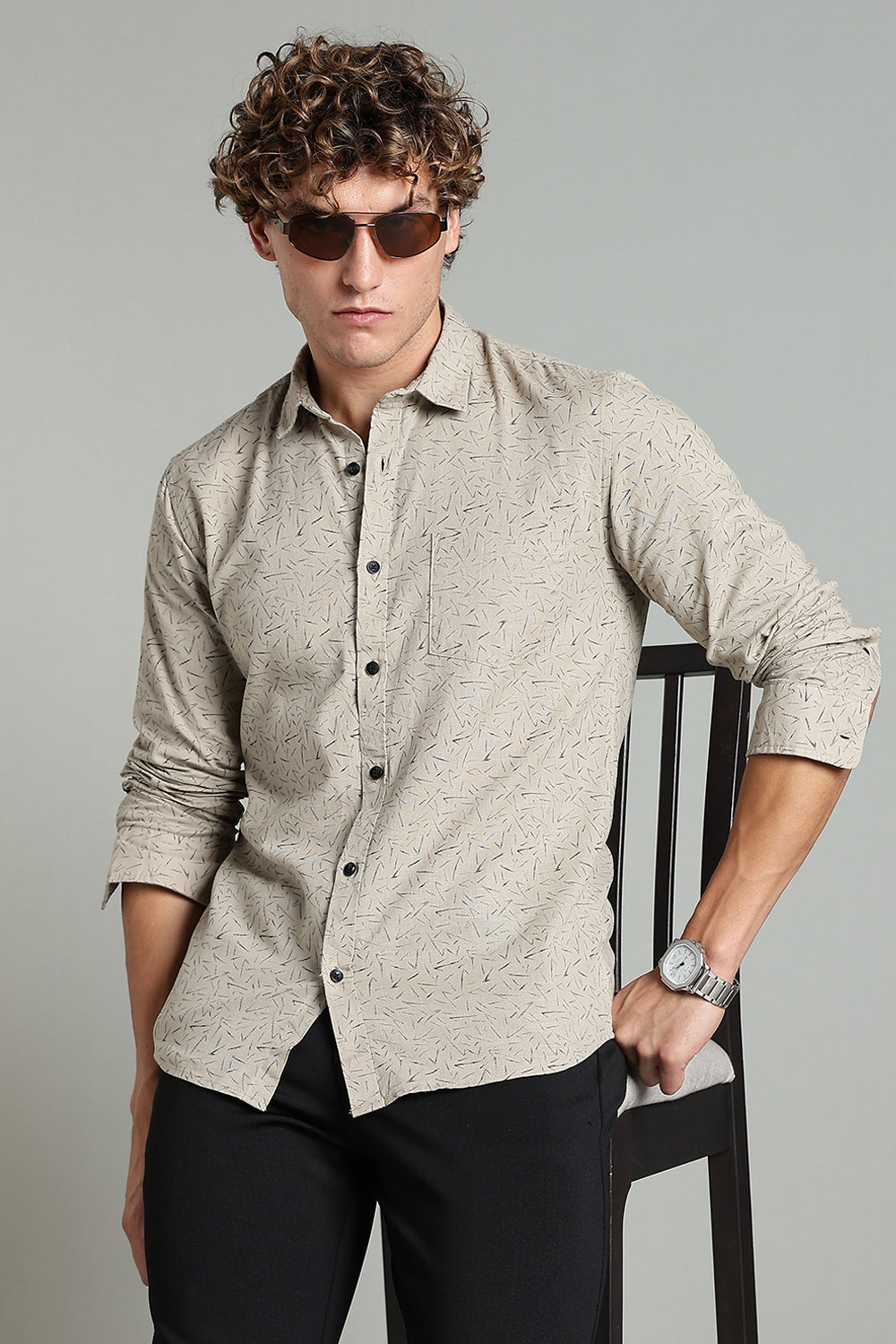 Enhance  Men’s Printed Casual Shirt – Full Sleeves with Patch Pocket and Button Cuffs  - Beige - SA05