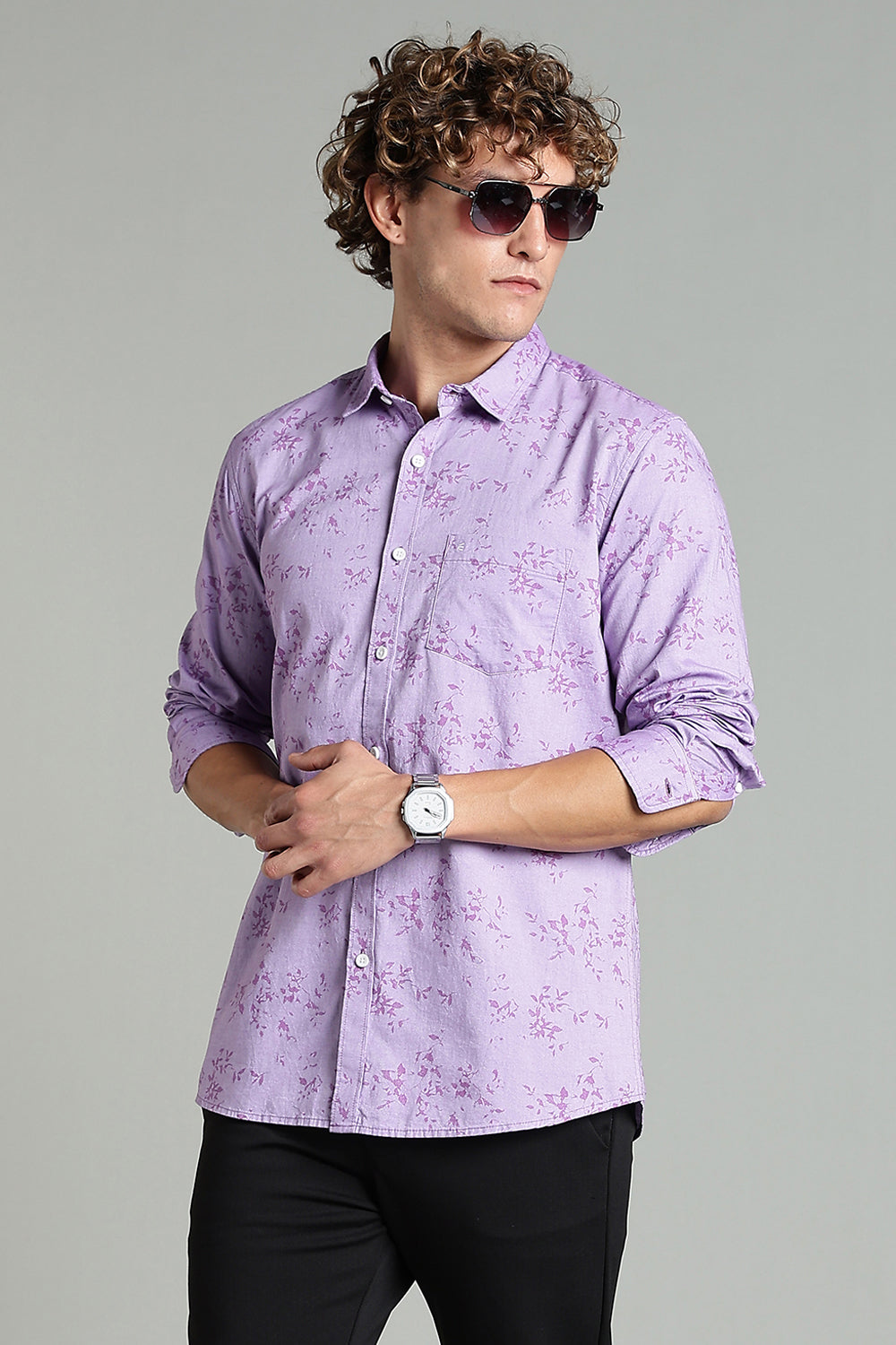 Enhance  Men’s Printed Casual Shirt – Full Sleeves with Patch Pocket and Button Cuffs  - Purple - SA01