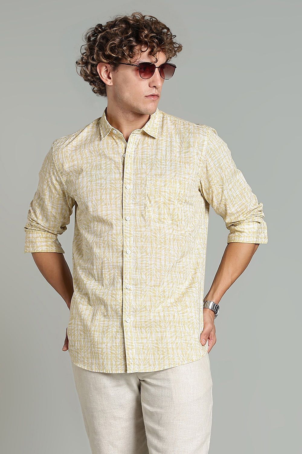 Enhance  Men’s Printed Casual Shirt – Full Sleeves with Patch Pocket and Button Cuffs  - Yellow - SA07
