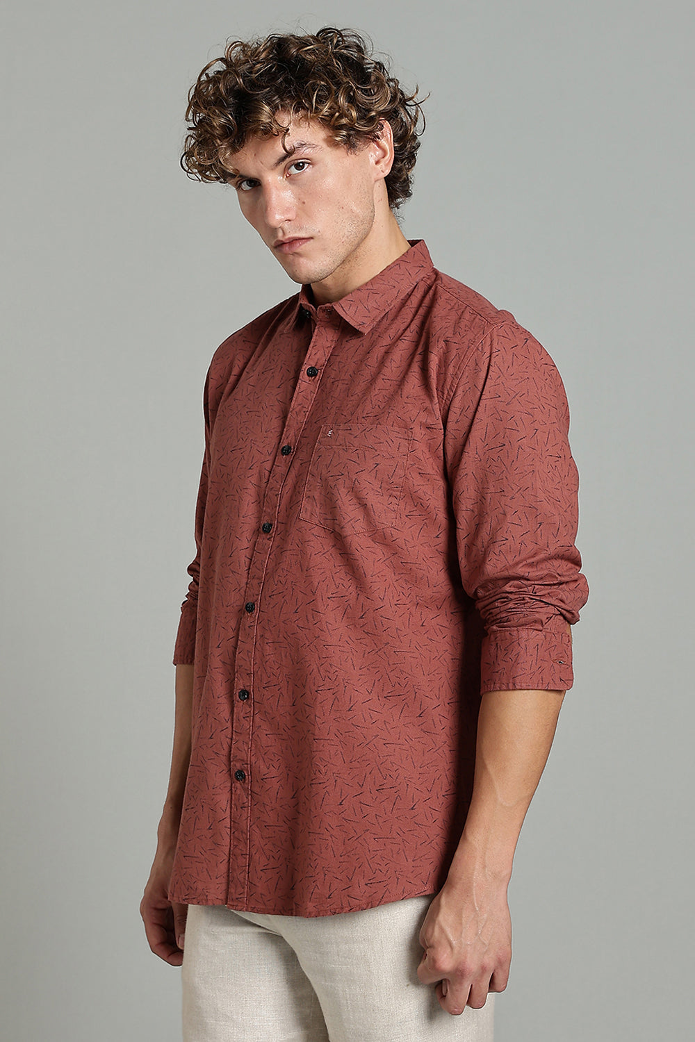 Enhance  Men’s Printed Casual Shirt – Full Sleeves with Patch Pocket and Button Cuffs  - Rust - SA06