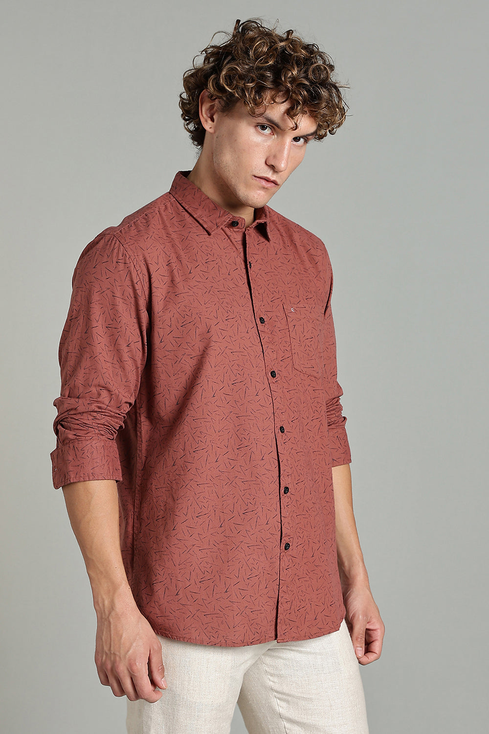 Enhance  Men’s Printed Casual Shirt – Full Sleeves with Patch Pocket and Button Cuffs  - Rust - SA06