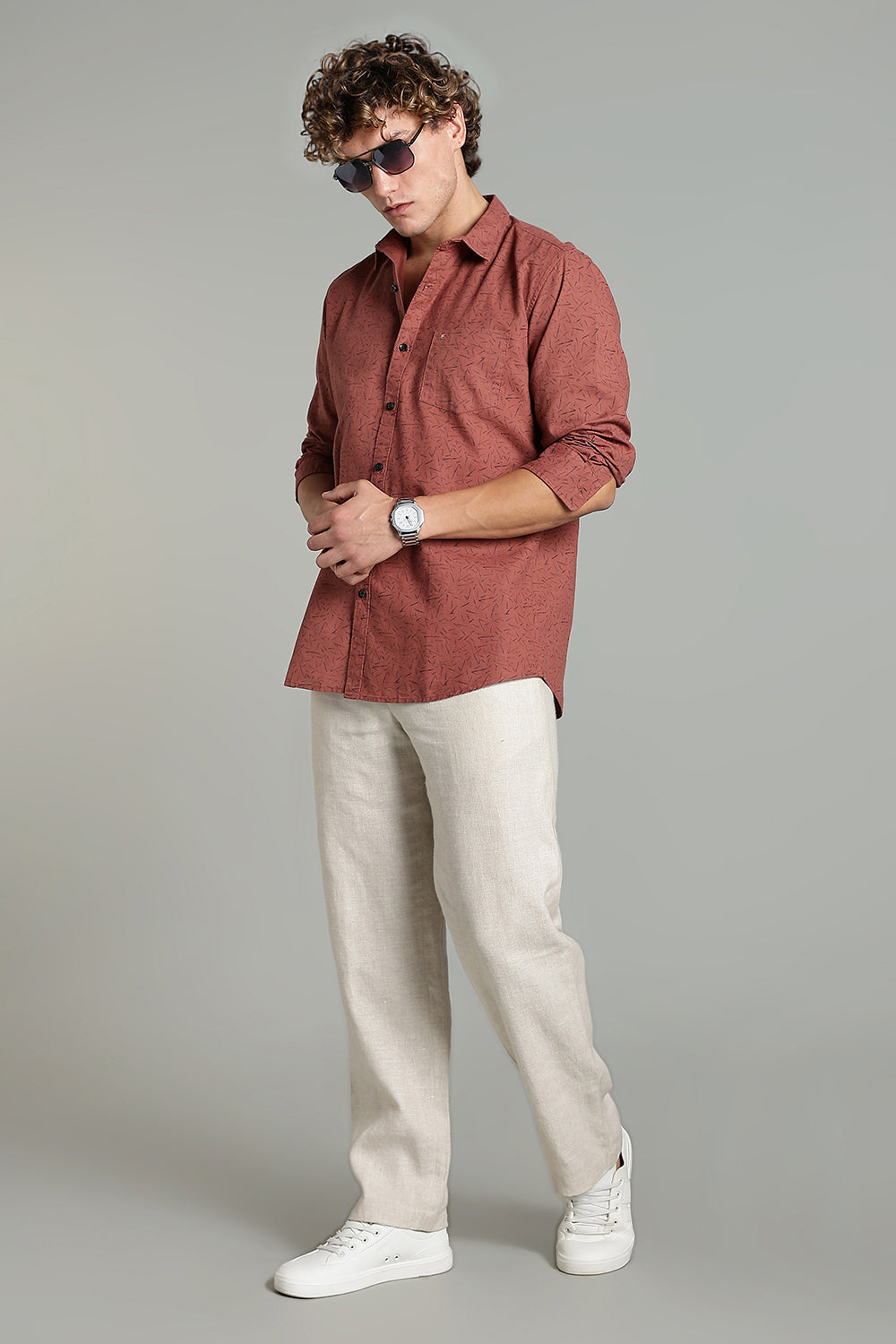 Enhance  Men’s Printed Casual Shirt – Full Sleeves with Patch Pocket and Button Cuffs  - Rust - SA06