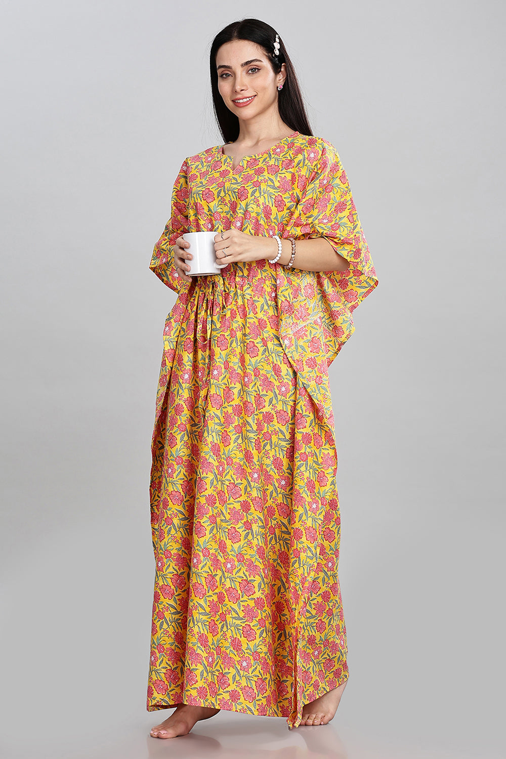 Naidu Hall Round Neck Kaftan Style Printed Nighty - Yellow  - NT65