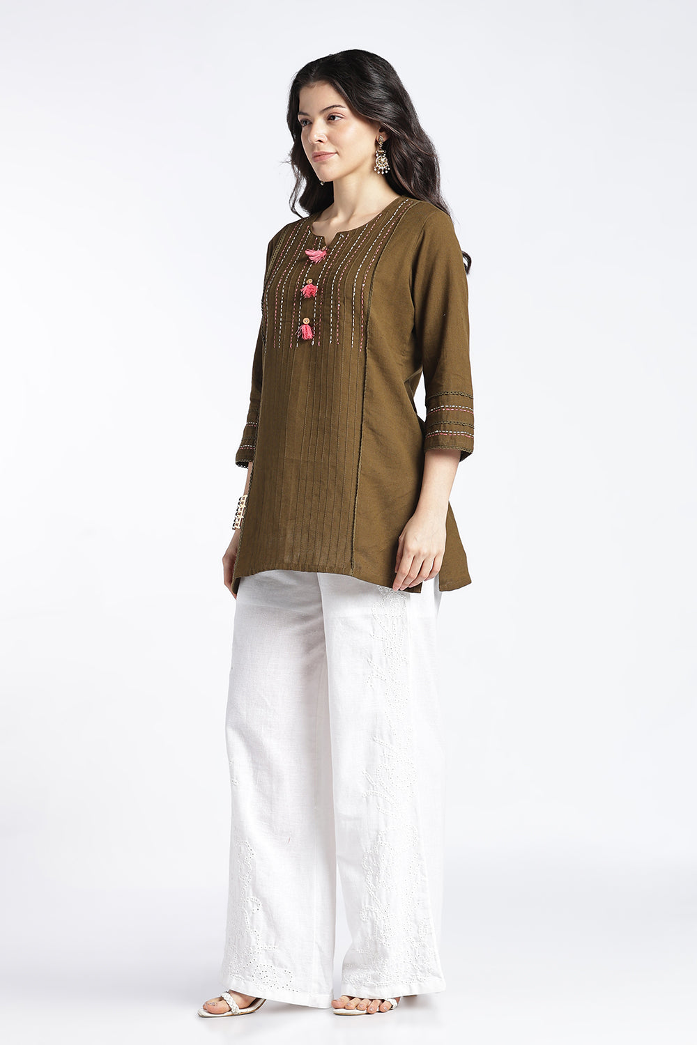 Mythri Women's Cotton Flax Top | Mandarin V-Neck Kantha Stitch Top with Tassel Details | Regular Fit Casual & Office Wear - 1458