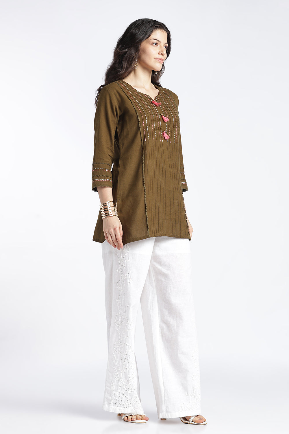 Mythri Women's Cotton Flax Top | Mandarin V-Neck Kantha Stitch Top with Tassel Details | Regular Fit Casual & Office Wear - 1458
