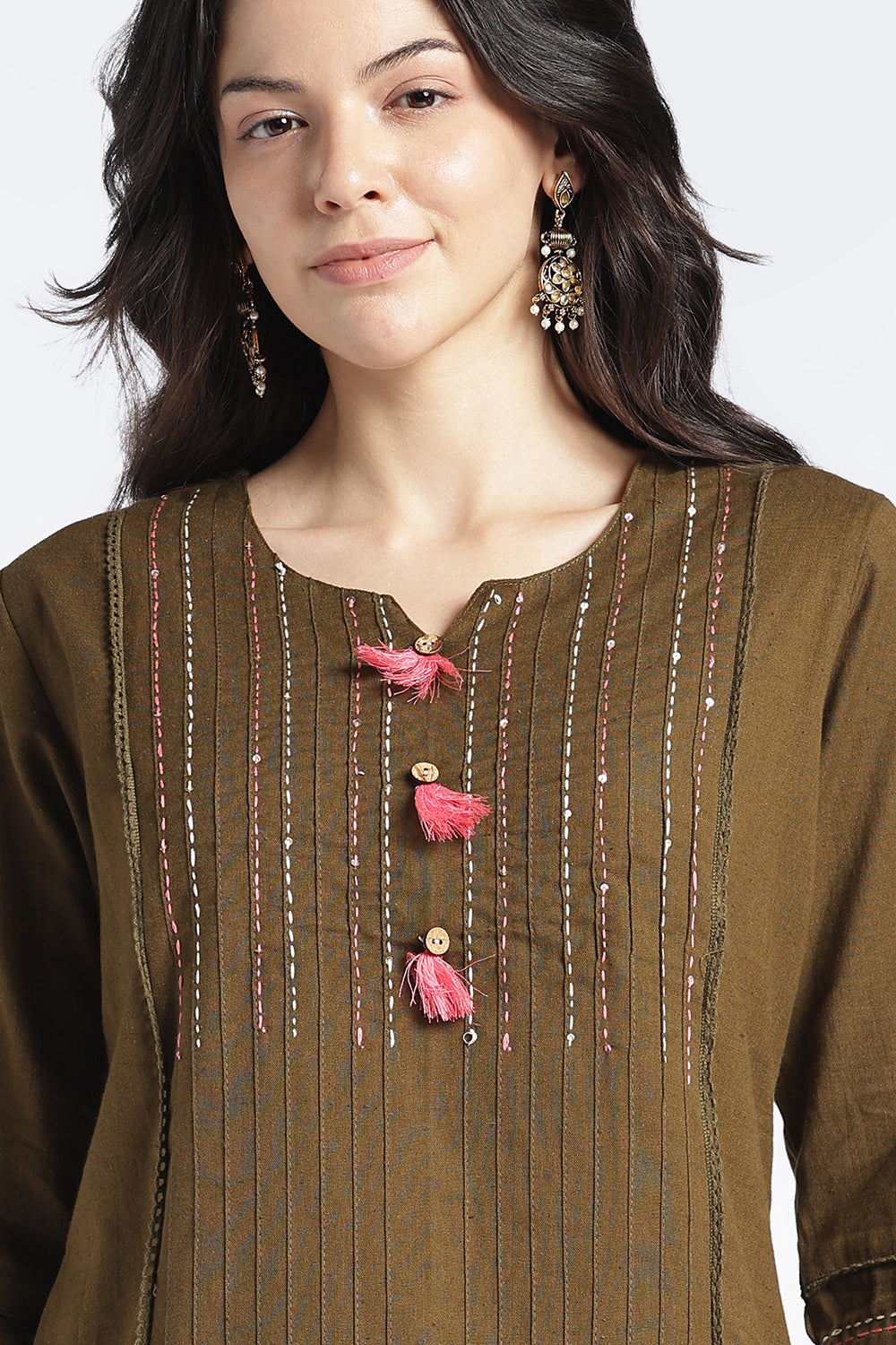 Mythri Women's Cotton Flax Top | Mandarin V-Neck Kantha Stitch Top with Tassel Details | Regular Fit Casual & Office Wear - 1458