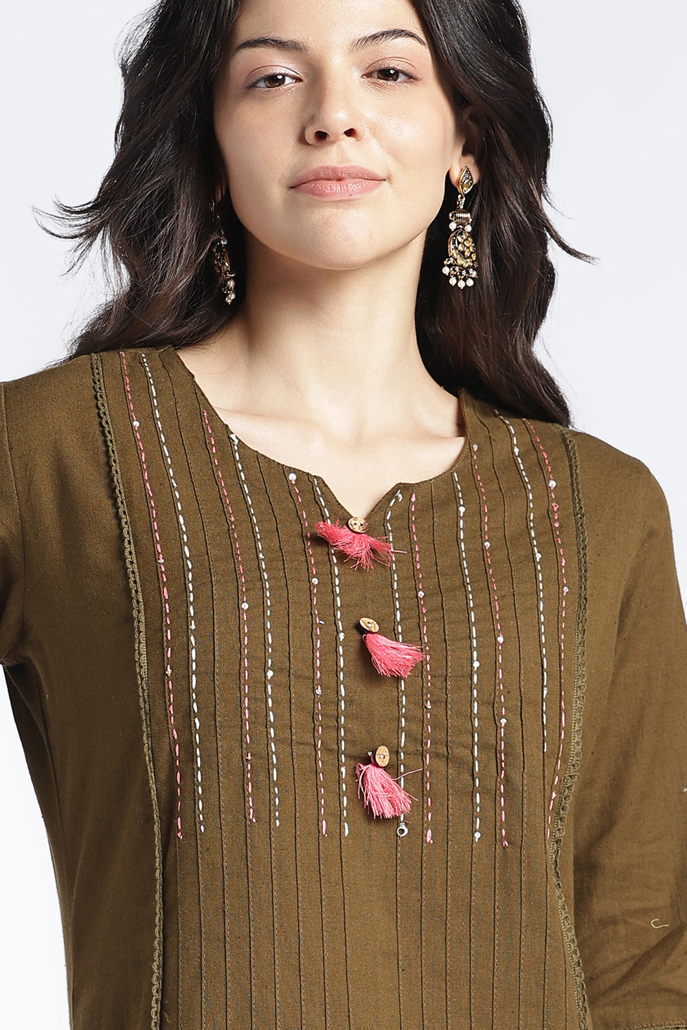 Mythri Women's Cotton Flax Top | Mandarin V-Neck Kantha Stitch Top with Tassel Details | Regular Fit Casual & Office Wear - 1458