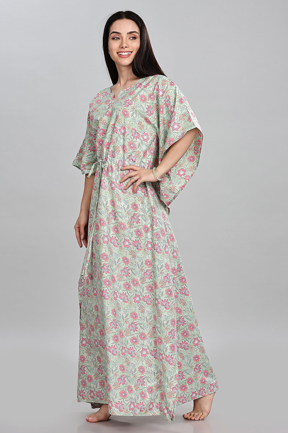 Naidu Hall Round Neck Kaftan Style Printed Nighty - Light Green  - NT68