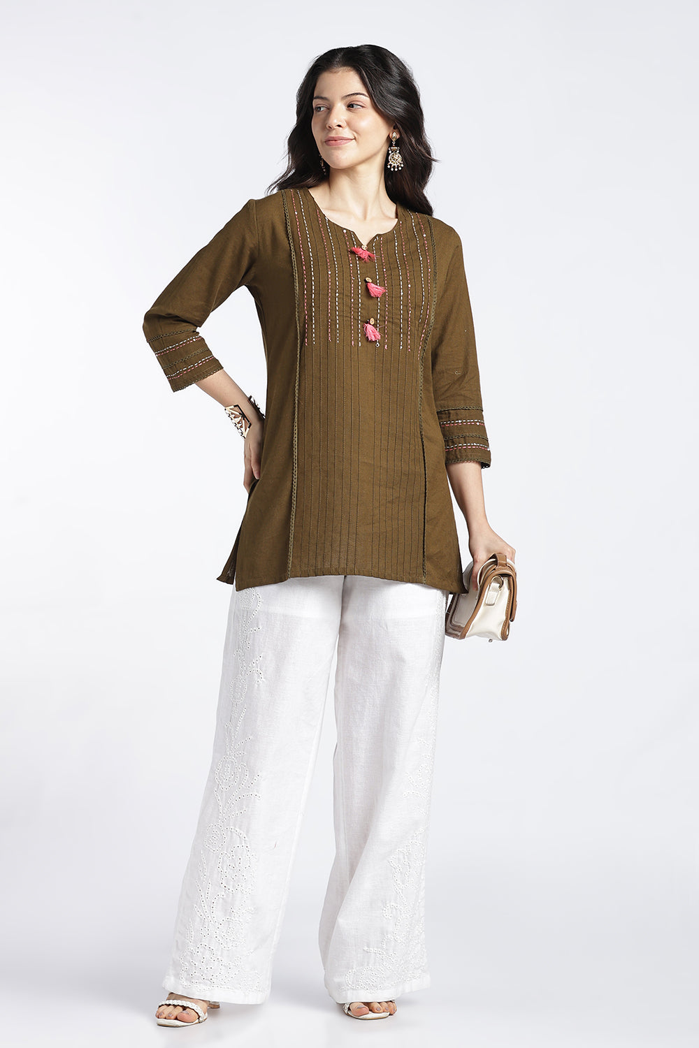 Mythri Women's Cotton Flax Top | Mandarin V-Neck Kantha Stitch Top with Tassel Details | Regular Fit Casual & Office Wear - 1458