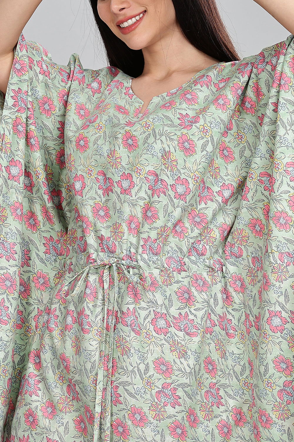 Naidu Hall Round Neck Kaftan Style Printed Nighty - Light Green  - NT68