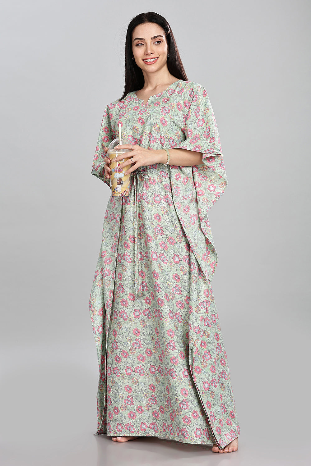 Naidu Hall Round Neck Kaftan Style Printed Nighty - Light Green  - NT68