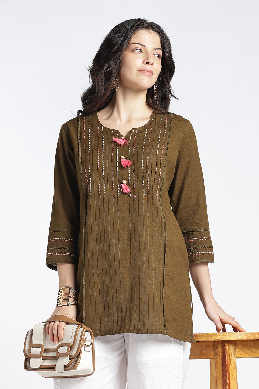 Mythri Women's Cotton Flax Top | Mandarin V-Neck Kantha Stitch Top with Tassel Details | Regular Fit Casual & Office Wear - 1458